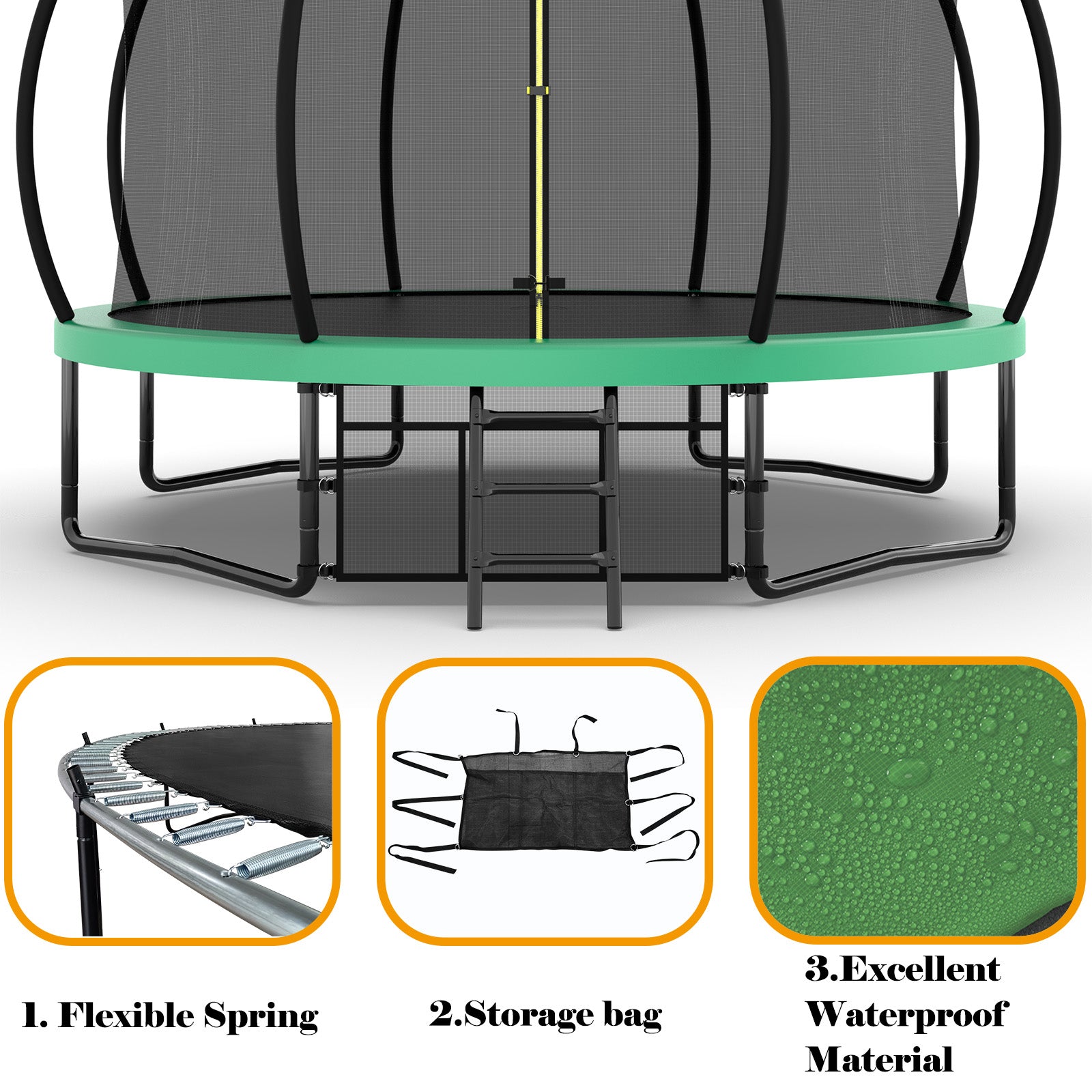 12Ft Recreational Kids Trampoline With Safety Enclosure Net & Ladder, Outdoor Recreational Trampolines Green Metal