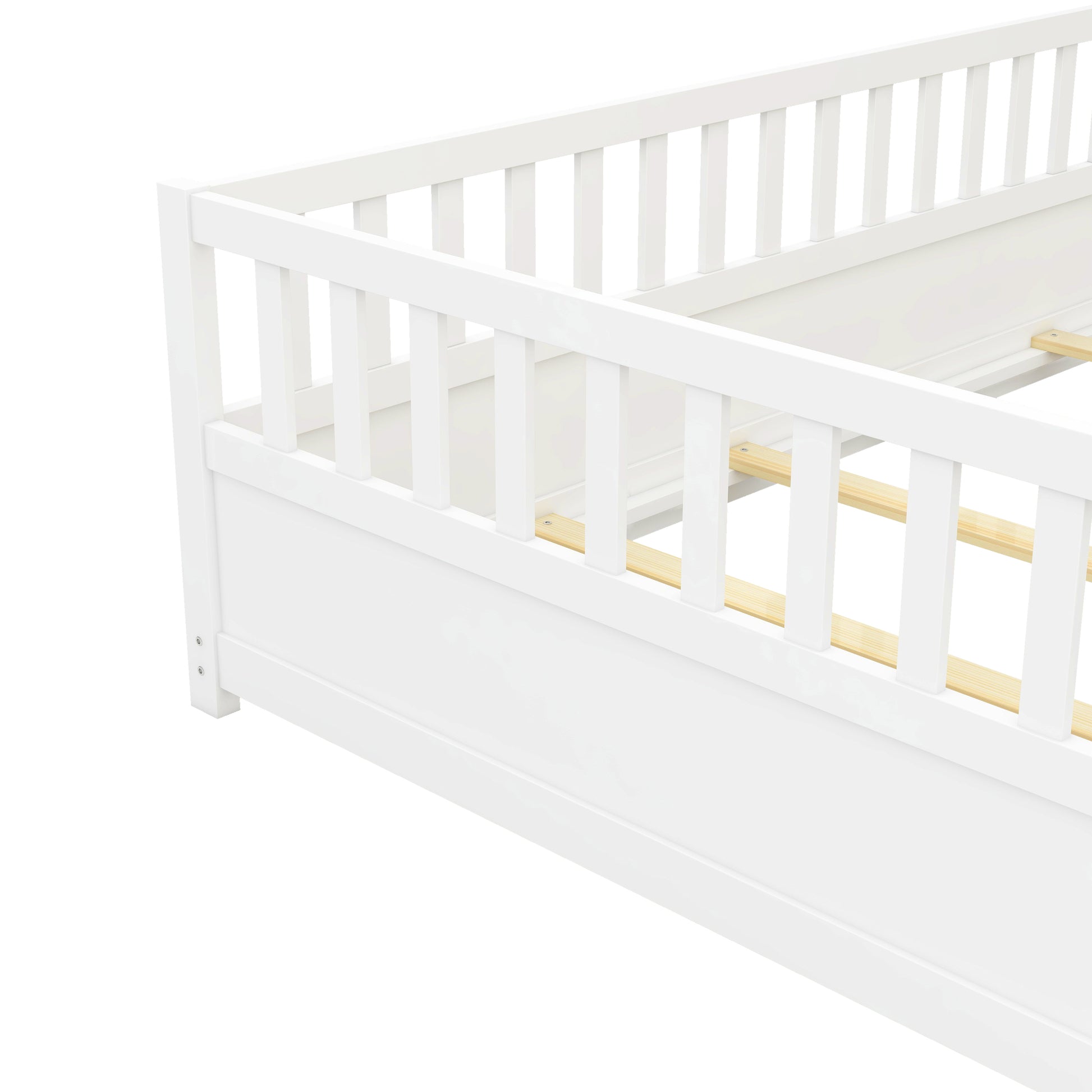 Full Size Floor Bed, Integral Construction With Super High Security Barrier, Door, Children'S Floor Bed Frame, Montessori Wooden Children'S Floor Bed, Support Slat White Box Spring Required Full