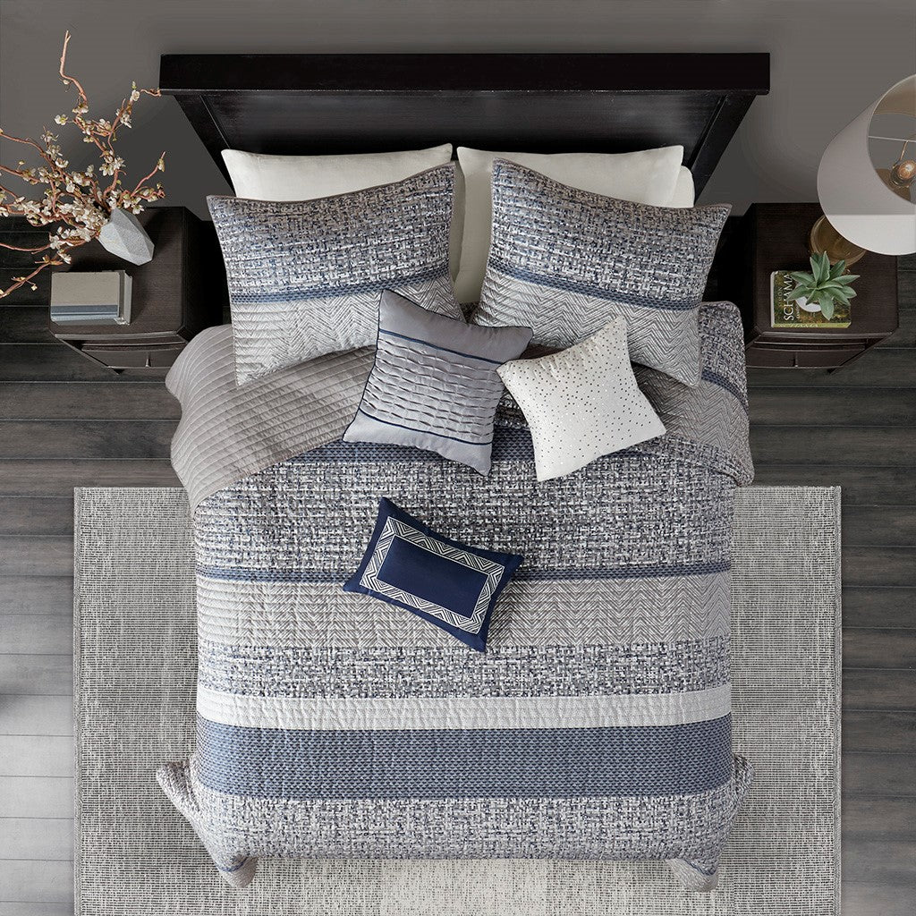 6 Piece Reversible Jacquard Quilt Set With Throw Pillows Navy Full Queen Navy Cotton