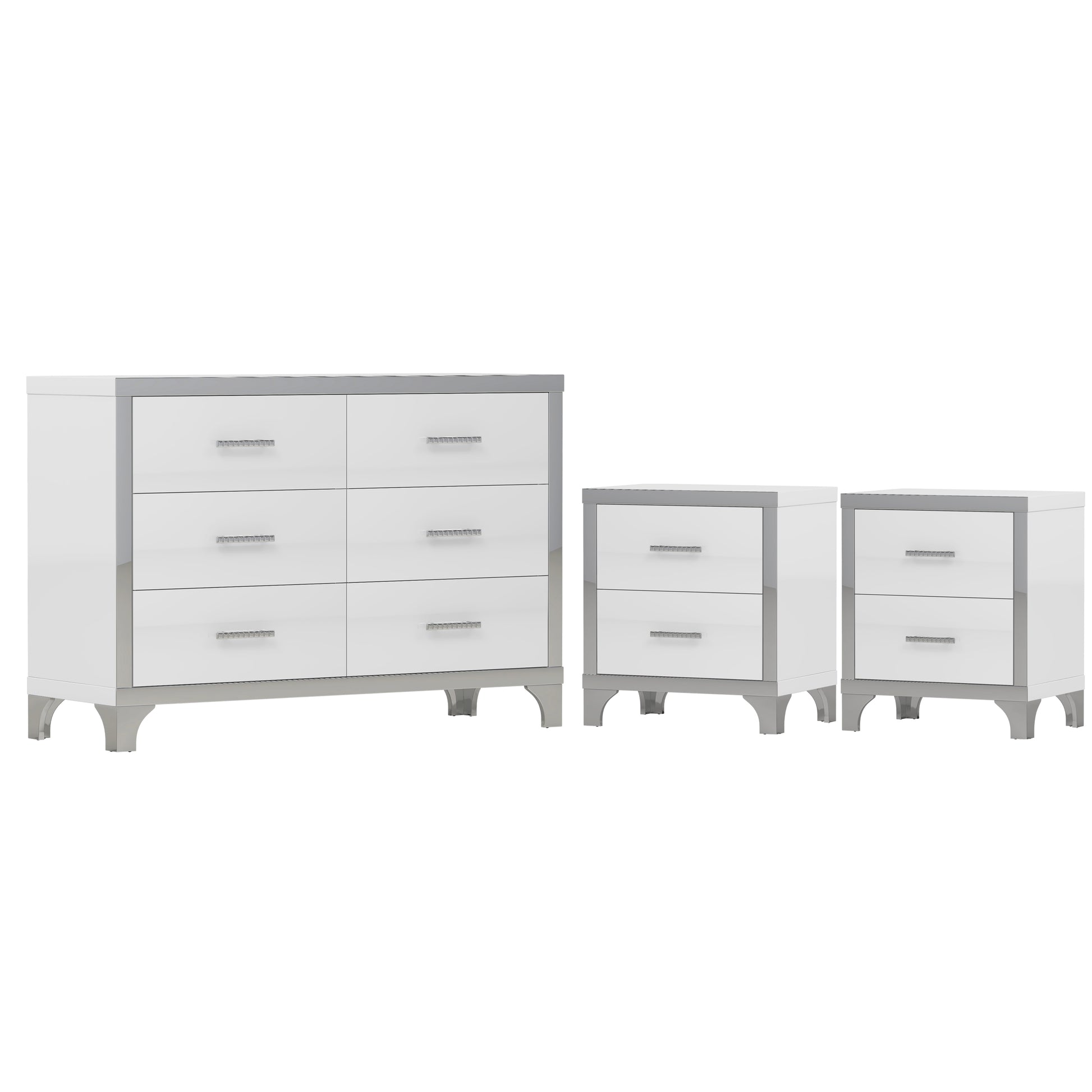 3 Pieces Sets,Dresser And Two Nightstands With Metal Handles And Mirror Decoration, Elegant And Subtle,White White 3 Piece Set Mdf