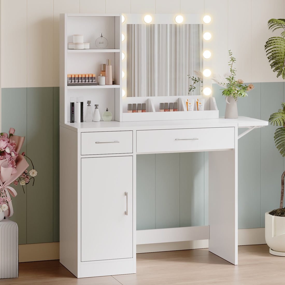 Vanity Desk With Drawers & Mirror With Lights, With Drawers & Cabinet 3 Shelves Lots Storage For Stylish Bedroom White White Particle Board