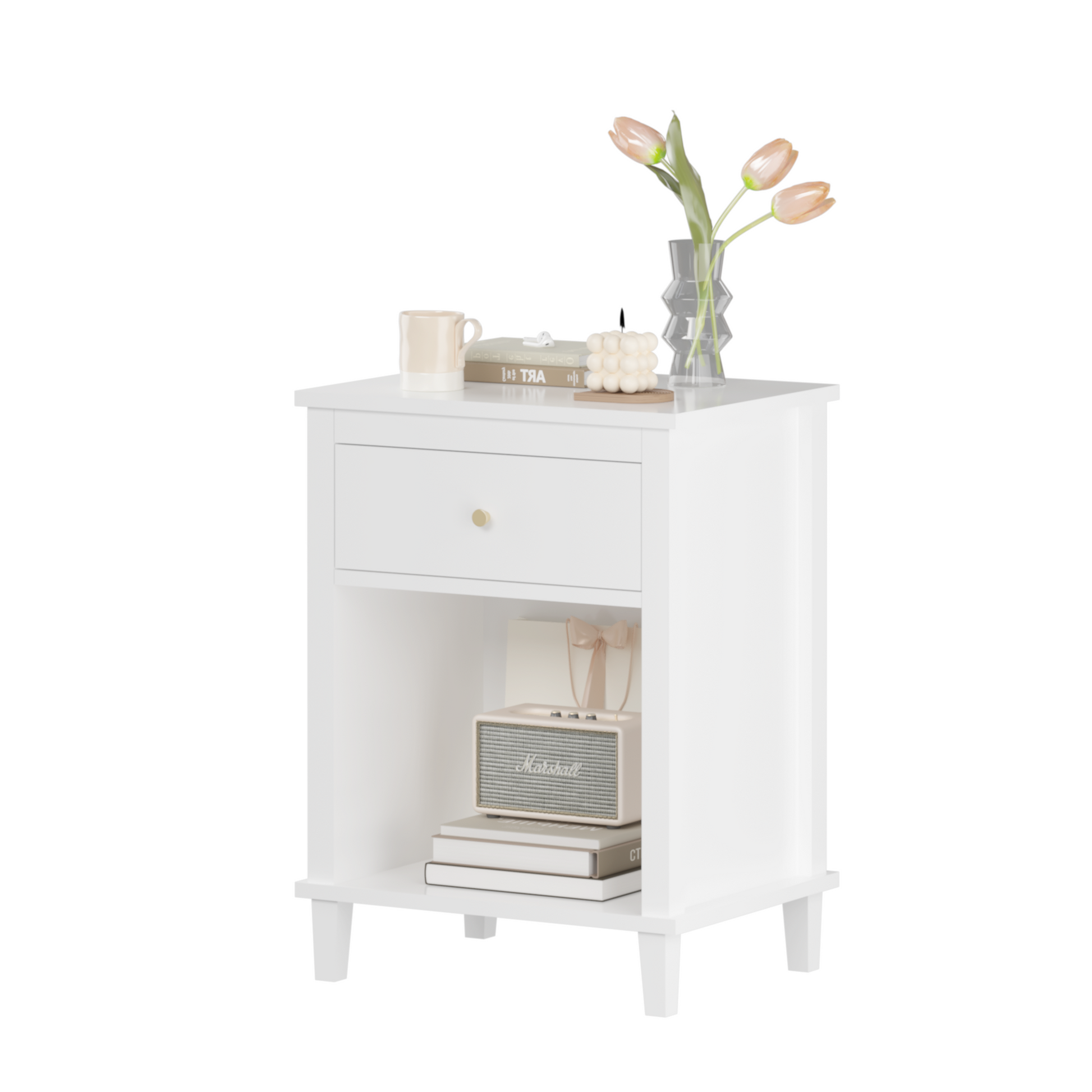 26.77''H Wooden Nightstand With One Drawer One Shelf For Kids, Adults, White White Mdf