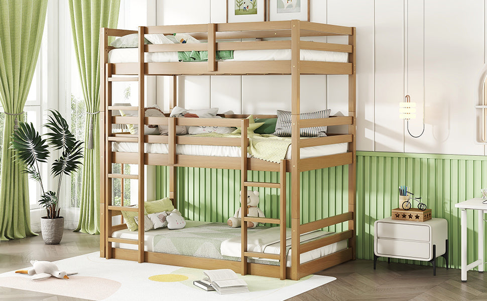 Triple Rubber Wood Bunk Bed With Two Built In Ladders, Guardrails, Twin Over Twin Over Twin, Detachable Triple Twin Bunk Bed,White Oak Twin White Oak Bedroom American Design Bed Frame Rubber Wood