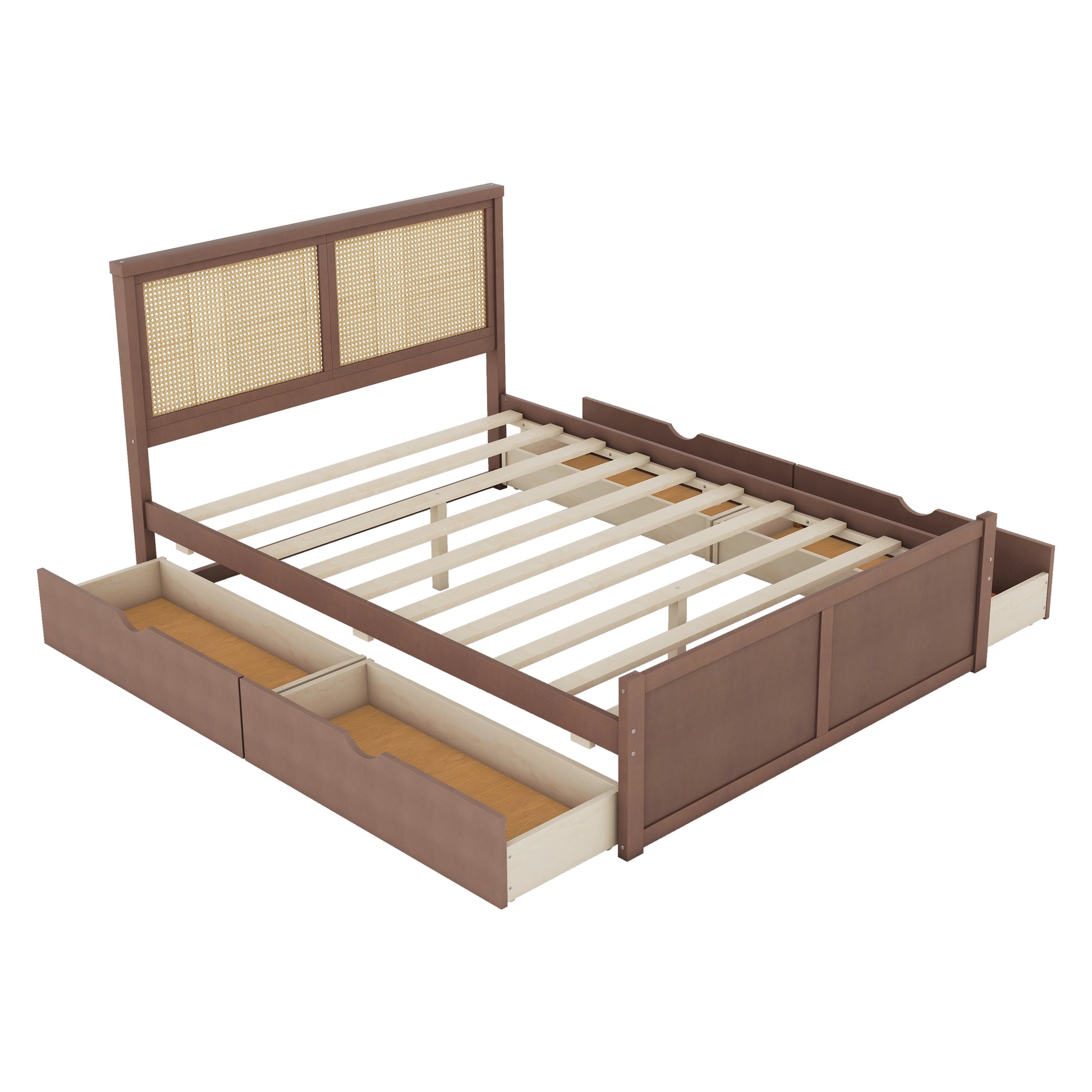 Queen Size Wood Storage Platform Bed With 4 Drawers, Rattan Headboard, Espresso Box Spring Not Required Queen Antique Espresso Wood Bedroom Bed Frame Wood Rattan