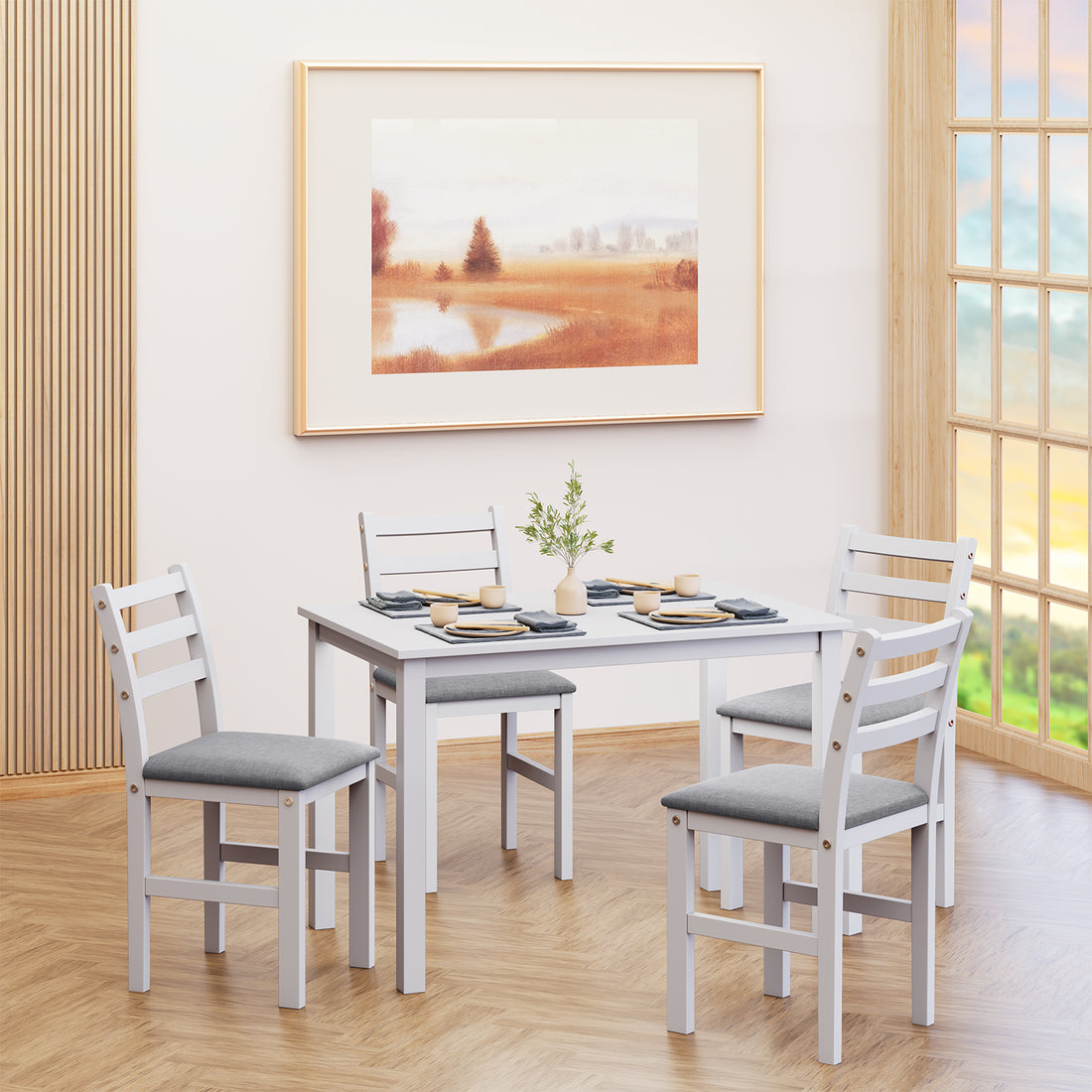 5Pcs Stylish Dining Table Set 4 Upholstered Chairs With Ladder Back Design For Dining Room Kitchen Gray Cushion White Antique White Rubber Wood