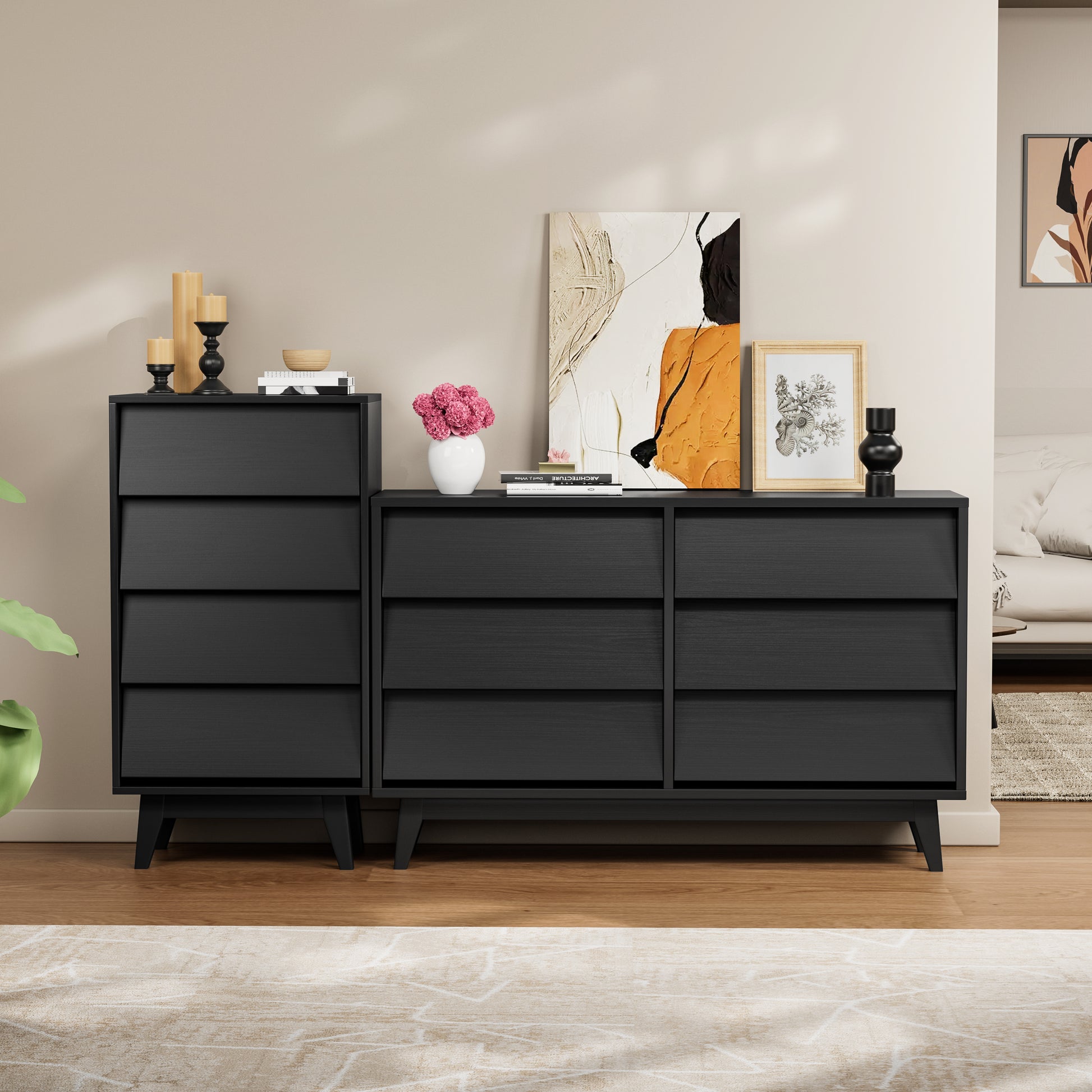 4 Drawer Double Dresser Features Vintage Style And Bevel Design Black Mdf