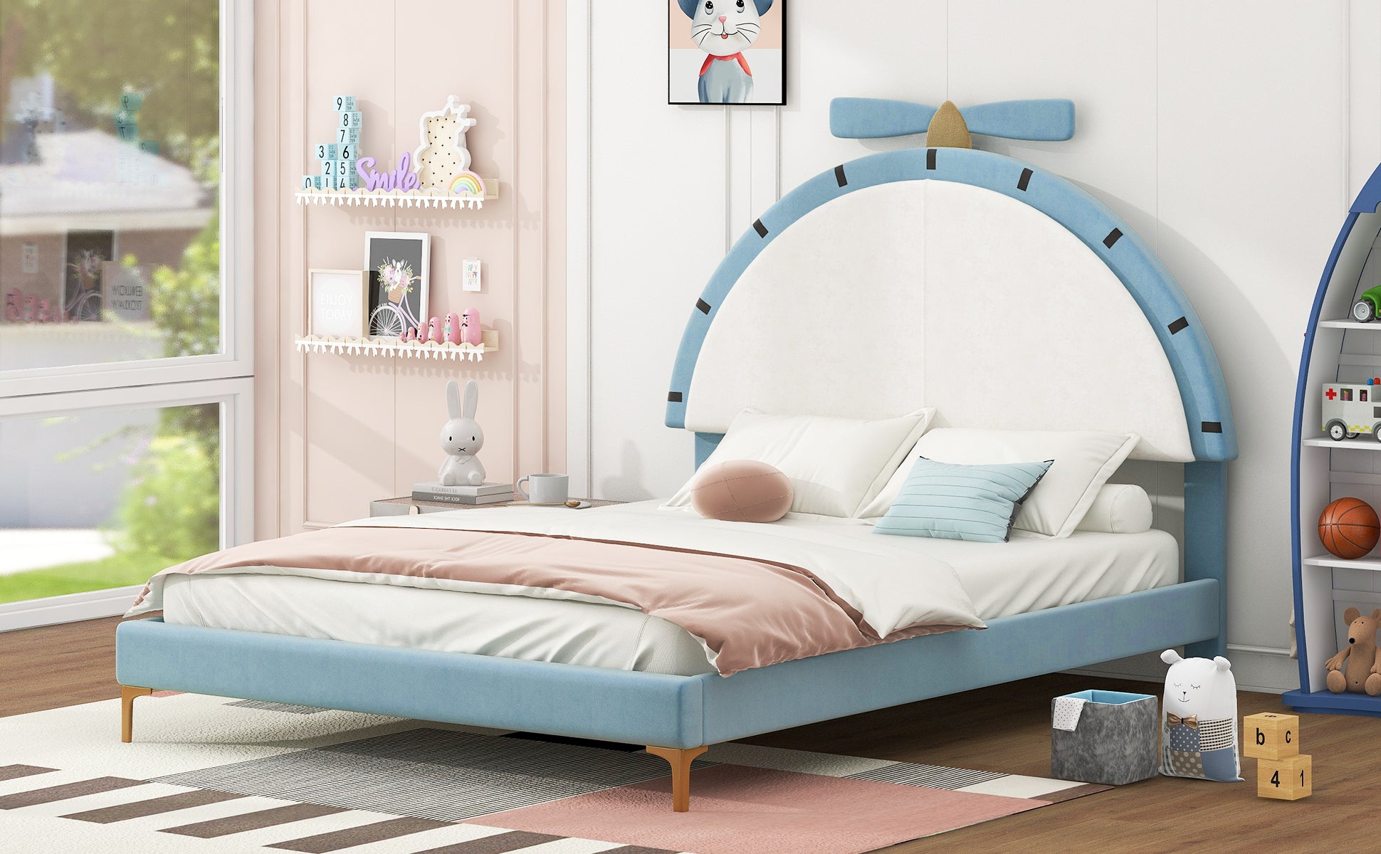 Full Size Upholstered Platform Bed With Alarm Clock Shaped Headboard, Blue Box Spring Not Required Full Blue Wood Bedroom Bed Frame Velvet Upholstered