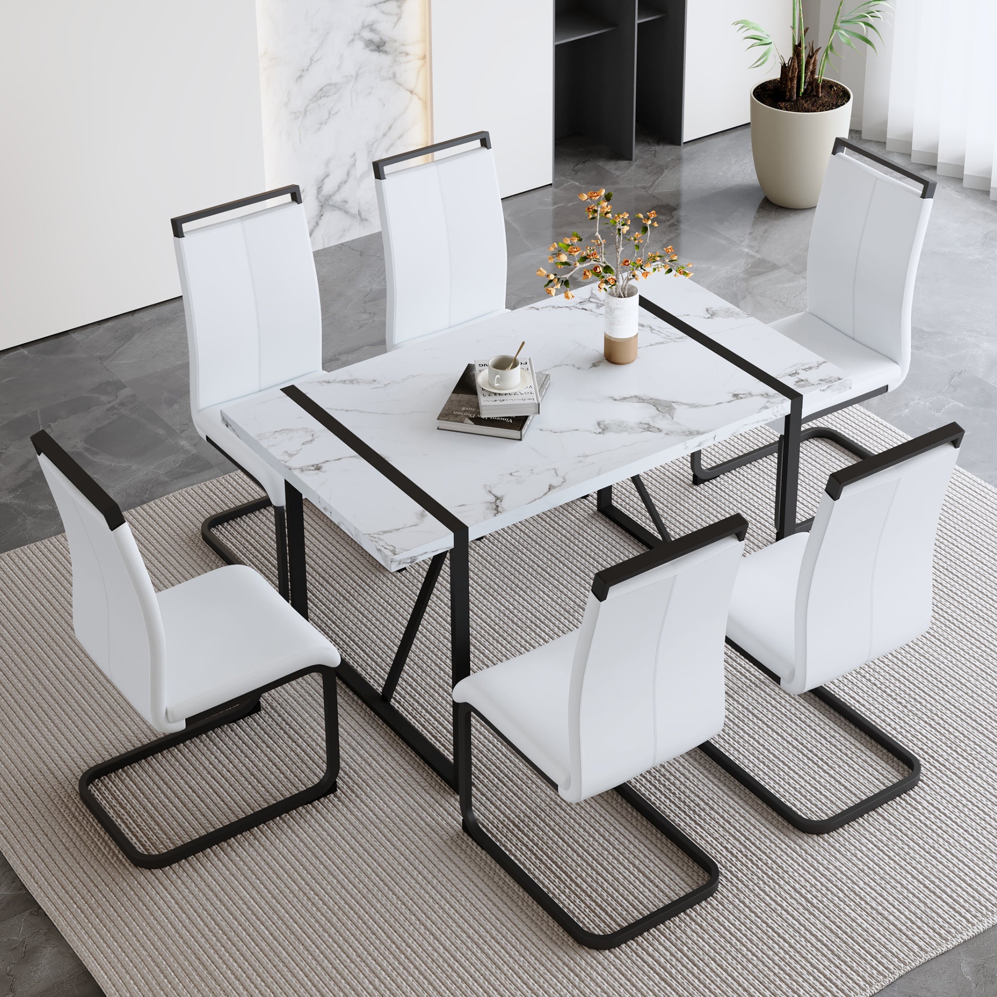 Table And Chair Set.A Modern Minimalist White Marble Veined Mdf Dining Table With Black Metal Frame.Paried With 6 Chairs With White Pu Cushions And C Tube Black Metal Legs. White Seats 6 Mdf Metal