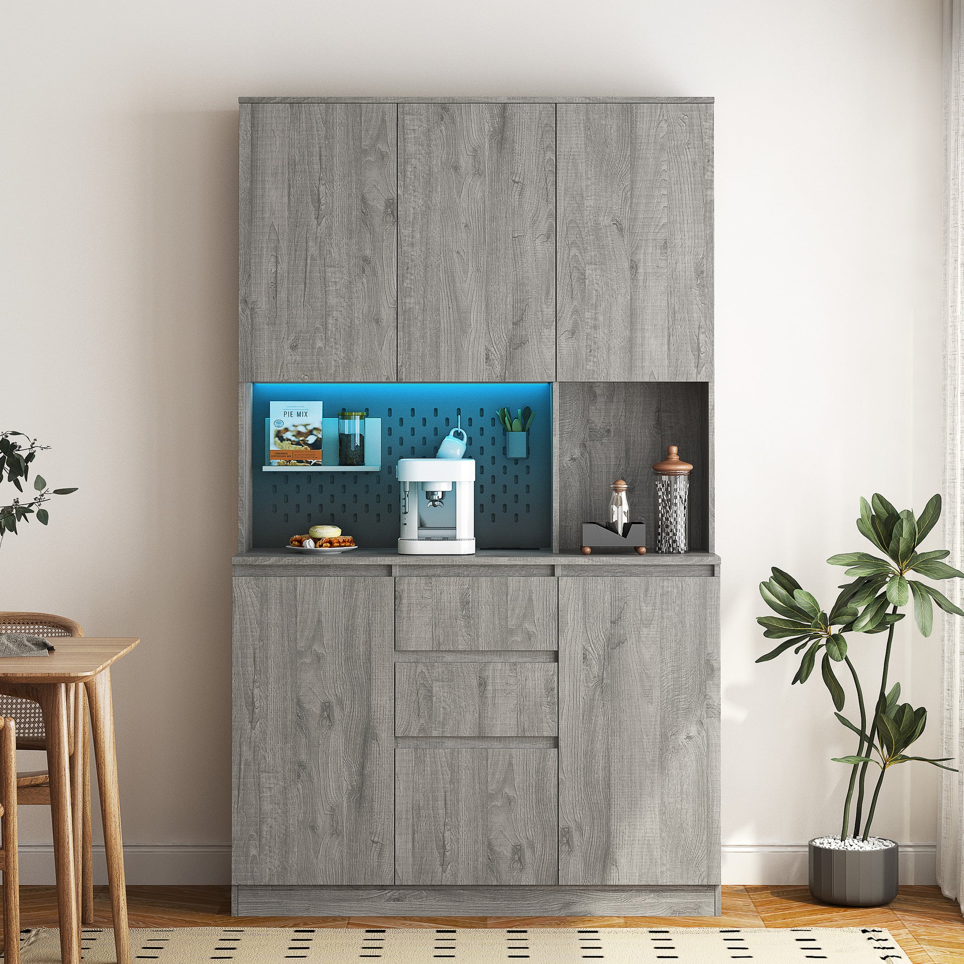 74" Kitchen Pantry Cabinet With Charging Station,Freestanding Buffet Cupboards Sideboard With Drawer,With Led Lights,Modern Pantry Cabinet With Microwave Stand For Kitchen,Living Room,Dinning Room