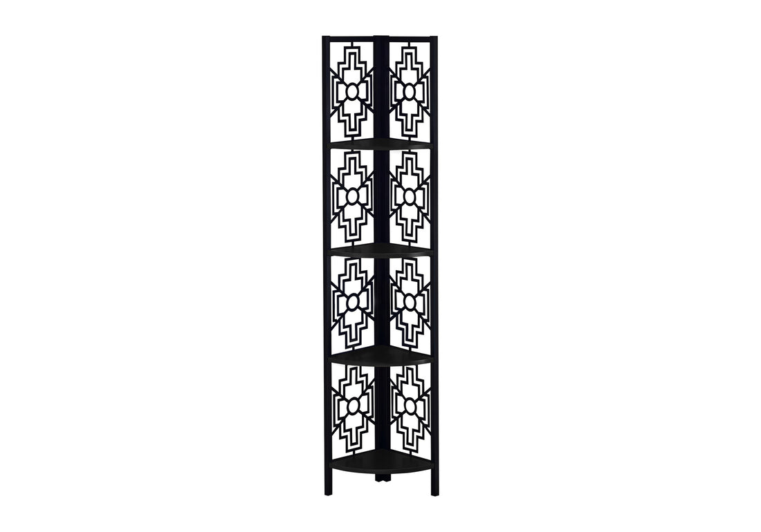 Bookshelf, Bookcase, Etagere, Corner, 4 Tier, 62"H, Office, Bedroom, Black Laminate, Black Metal, Transitional Black Metal