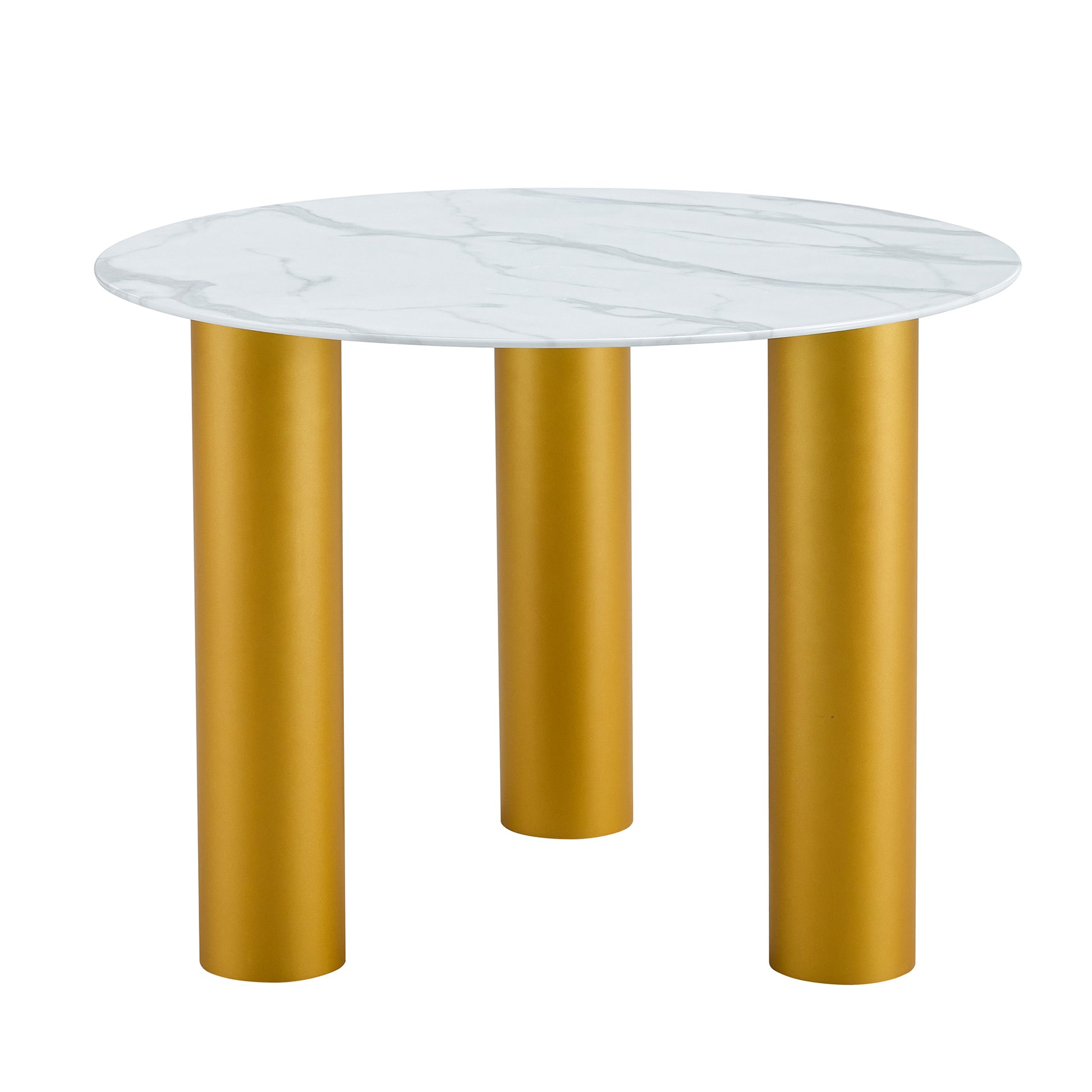 Table And Chair Set, Round Table With White Marble Pattern, Gold Mdf Table Legs, Soft And Comfortable Dining Chair, Suitable For Kitchen And Living Room White Mdf