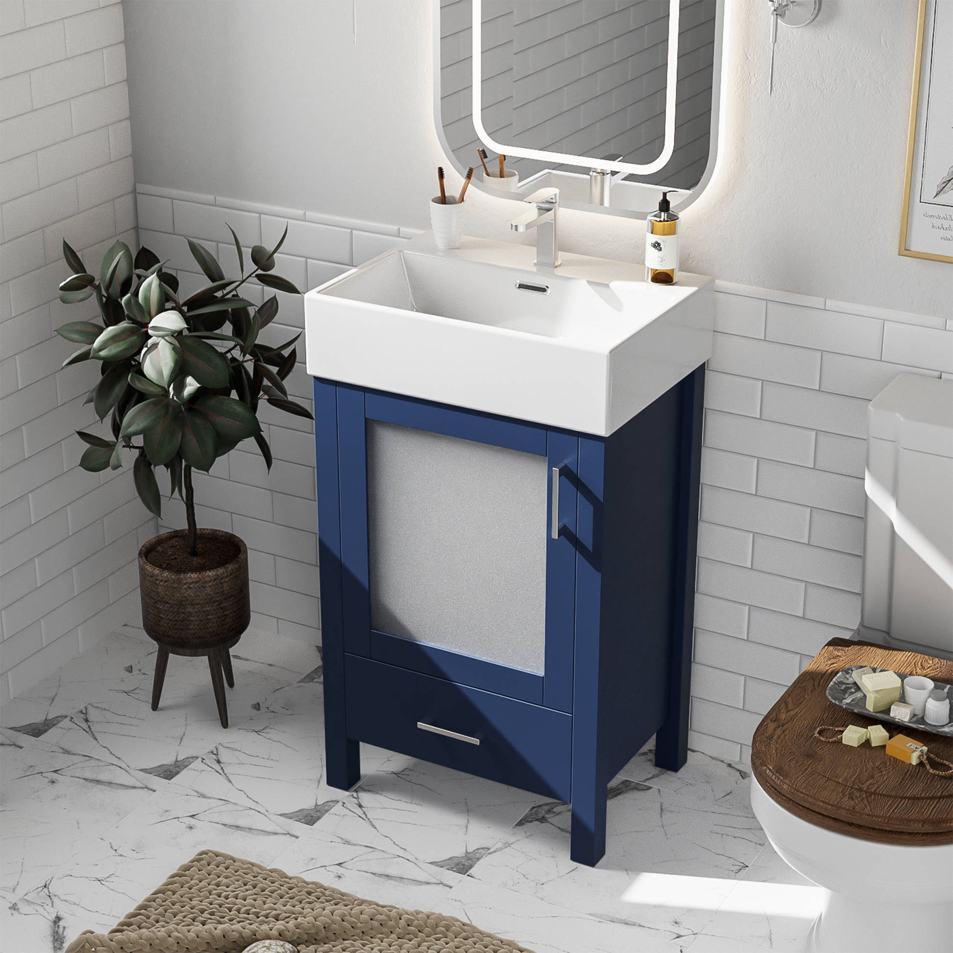 20 Inch Bathroom Vanity With Ceramic Sink Andstorage Ideal For Small Bathrooms Blue Bathroom Solid Wood Mdf