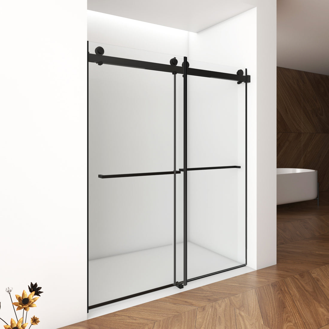 56" 60"W X 76"H Frameless , Double Sliding , 3 8'' 10Mm Clear Tempered Glass Shower Enclosure With Square Rail,Double Side Easy Clean Coat,Matte Black Finished With Buffer Matte Black Bathroom American Design Stainless Steel