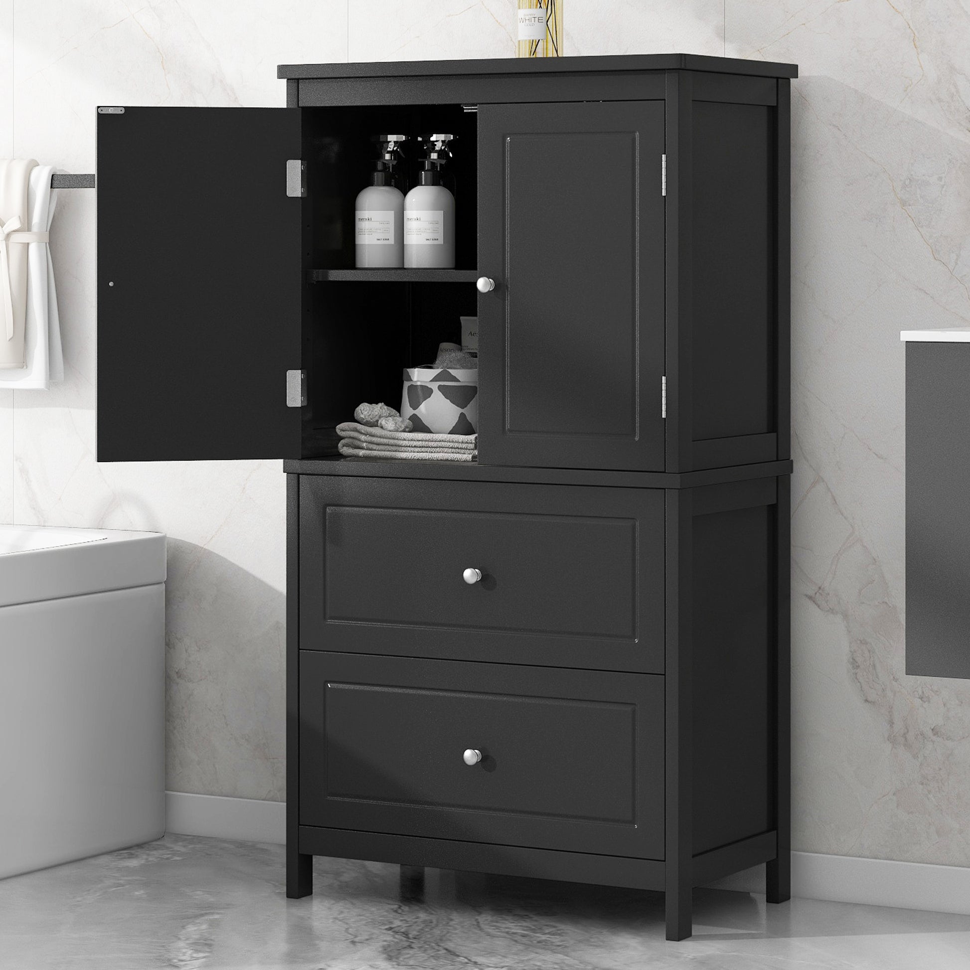 Bathroom Storage Cabinet, Cabinet With Two Doors And Drawers, Adjustable Shelf, Mdf Board, Black Black Mdf