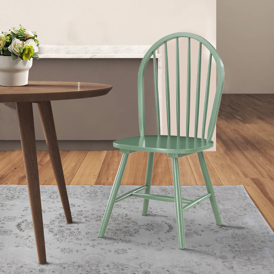 Irvin 18 Inch Modern Dining Chairs, Round Spindle Backs, Set Of 2, Green Green Solid Wood