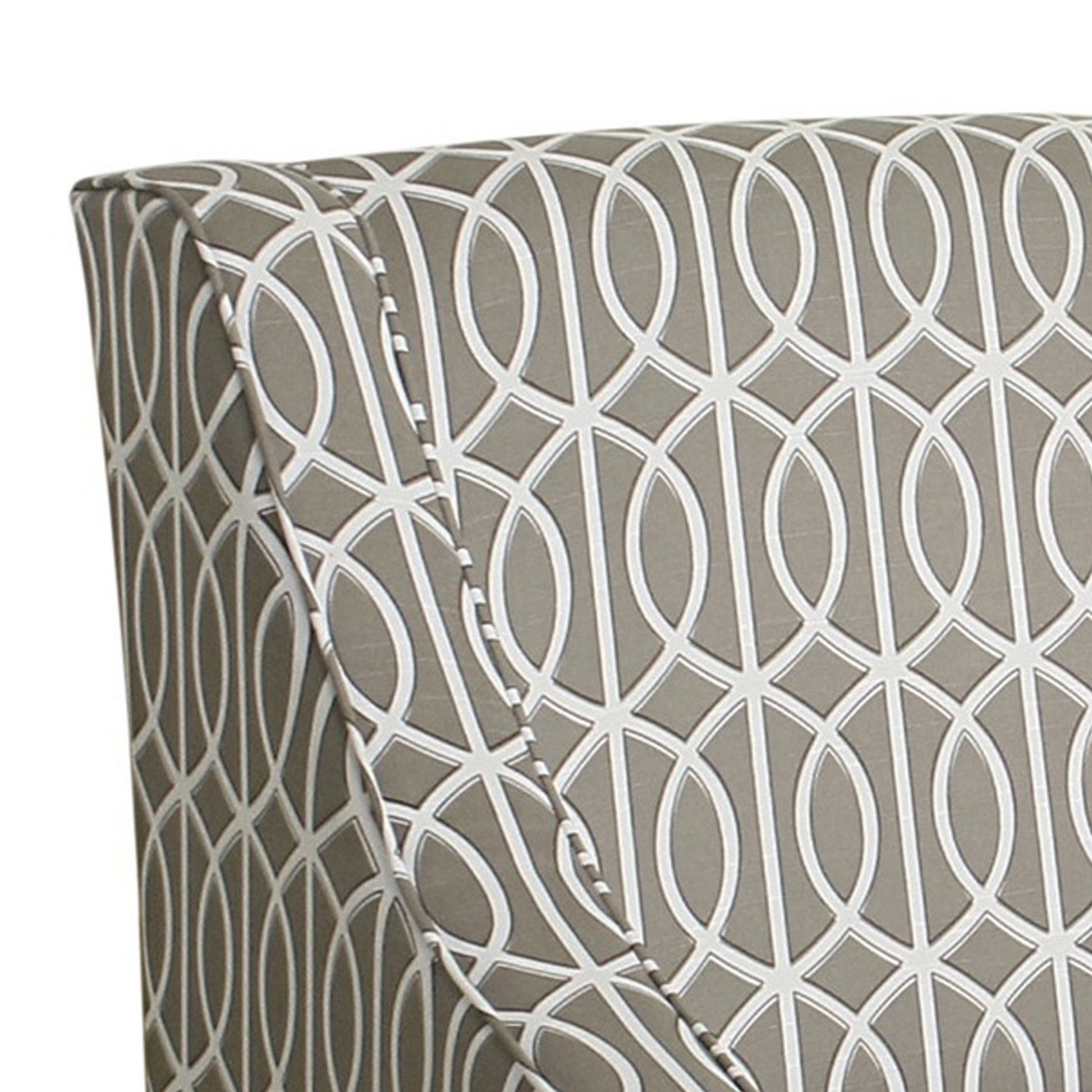 Fabric Upholstered Wooden Accent Chair With Trellis Pattern Design, Gray, White And Brown Grey Brown Wood Fabric