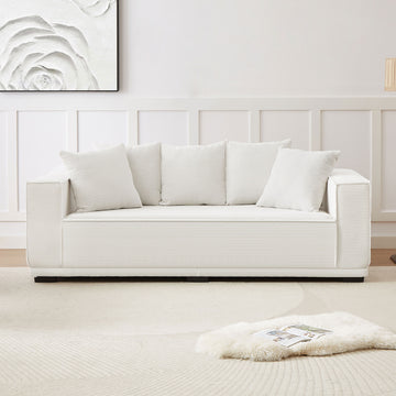 88.97'' Mid Century Modern Upholstered Sofa With 5 Matching Toss Pillows, Including Bottom Frame,Comfy Couches For Living Room, Bedroom, Apartment And Office.White White Corduroy 3 Seat