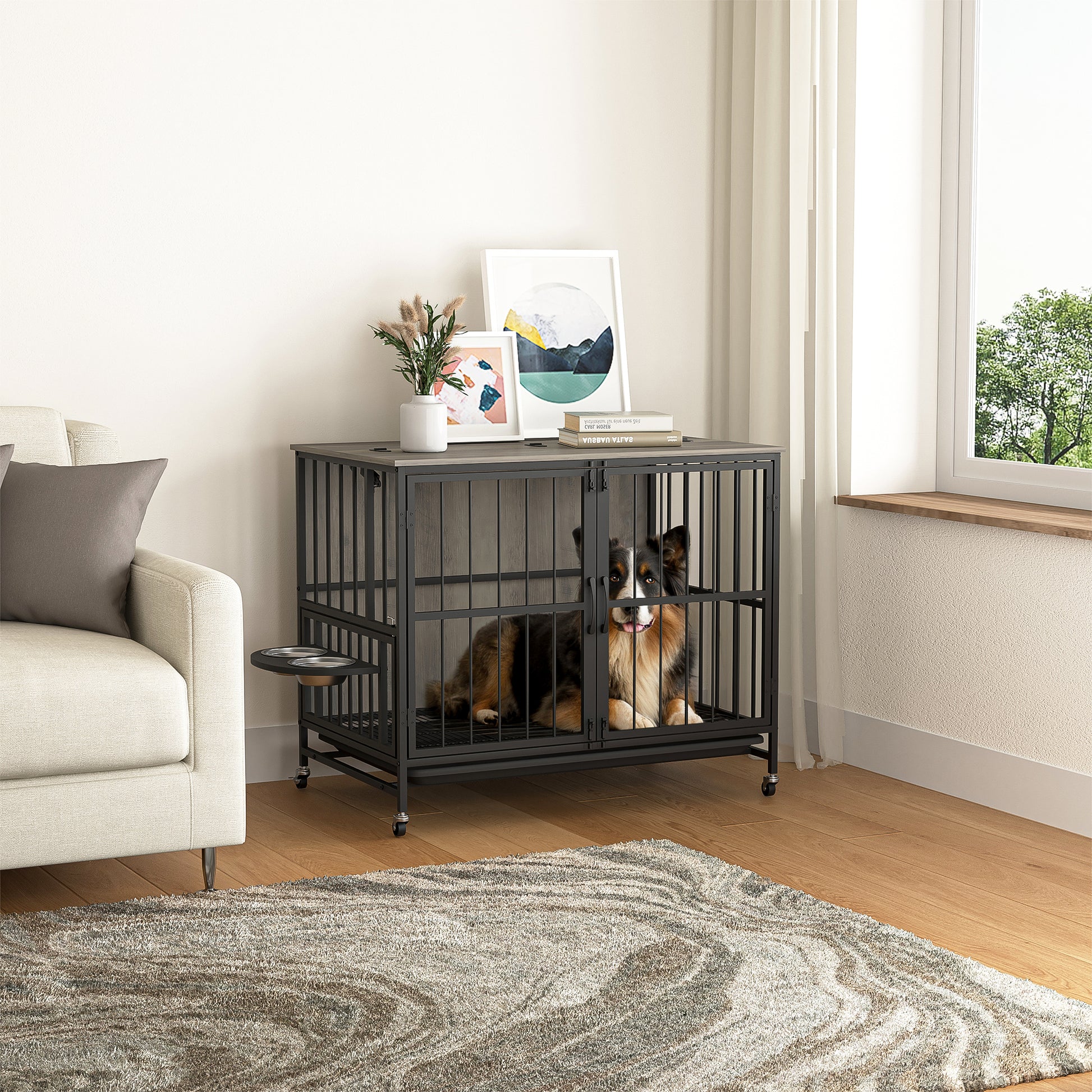 Modern Kennel Dogs Room Up To 80 Lb, Dog Crate Furniture With Multi Purpose Rremovable Ttray, Double Door Dog House, Lift Panel, 360 Degree Rotation 3 Height Adjustable Feeding Bowls Grey Antique Gray Mid Century Modern,Minimalist Dog Particle Board