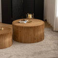 Vintage Fashion Style Cylindrical Nesting Coffee Table Set With Vertical Textured Embossed Design For Living Room, Office And Dining Room, Natural Set Of 2 Natural Mdf