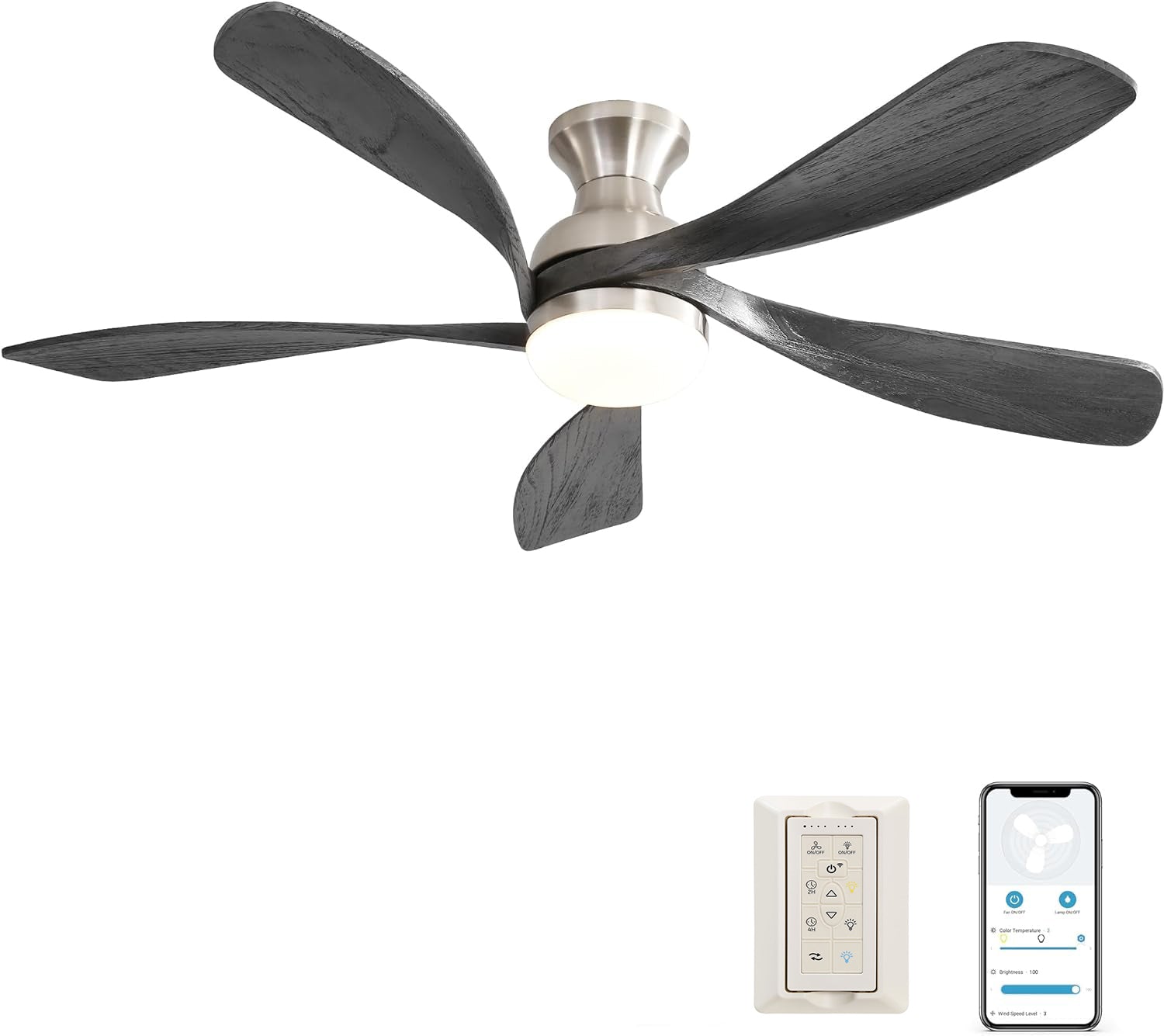 52 Inch Ceiling Fan With Dimmable 3 Colors Led Light Reversible Noiseless Dc Motor Smart App Remote Control Brushed Nickel Metal & Wood