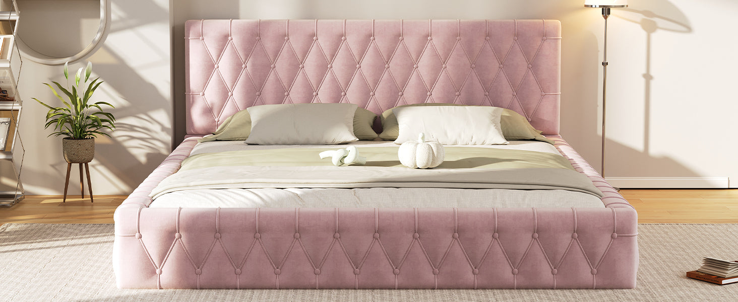 Queen Size Upholstered Bed With Tufted Headboard, Modern Velvet Platform Bedno Box Spring Required, Pink Queen Pink Solid Wood Mdf