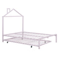 Full Size Metal Platform Bed With Twin Size Trundle,House Shaped Headboard Design, Pink Full Pink Metal