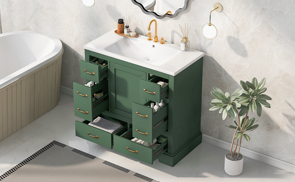 36" Bathroom Vanity With Sink Combo, Six Drawers, Multi Functional Drawer Divider, Adjustable Shelf, Green Old Sku:Sy999808Aaf Green Solid Wood Mdf