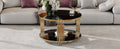 Modern Black Mirror Coffee Table, Asymmetrical Metal, Circular Metal Drum Base, Gold Finish & Lower Shelf Black Tempered Glass