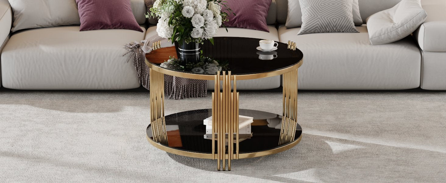 Modern Black Mirror Coffee Table, Asymmetrical Metal, Circular Metal Drum Base, Gold Finish & Lower Shelf Black Tempered Glass