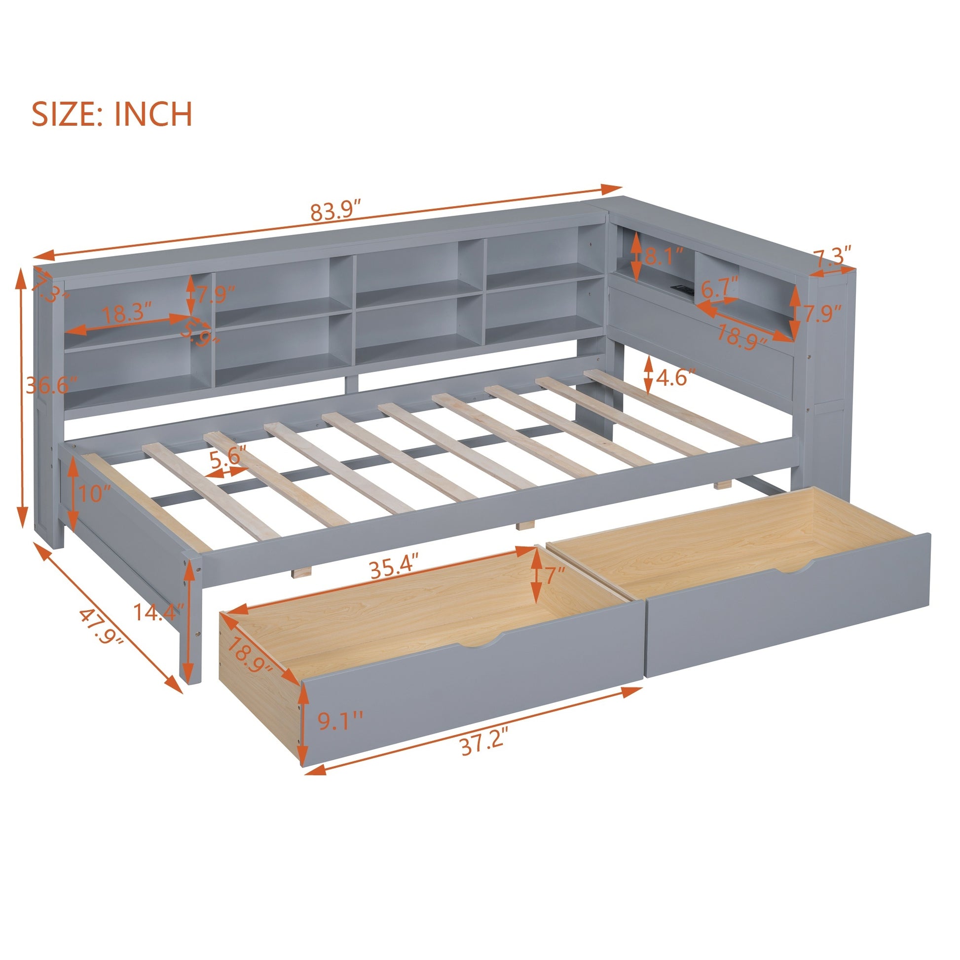 Wooden Twin Size Daybed With 2 Drawers, Daybed With Storage Shelf And Usb Charging Ports,Grey Twin Grey Wood