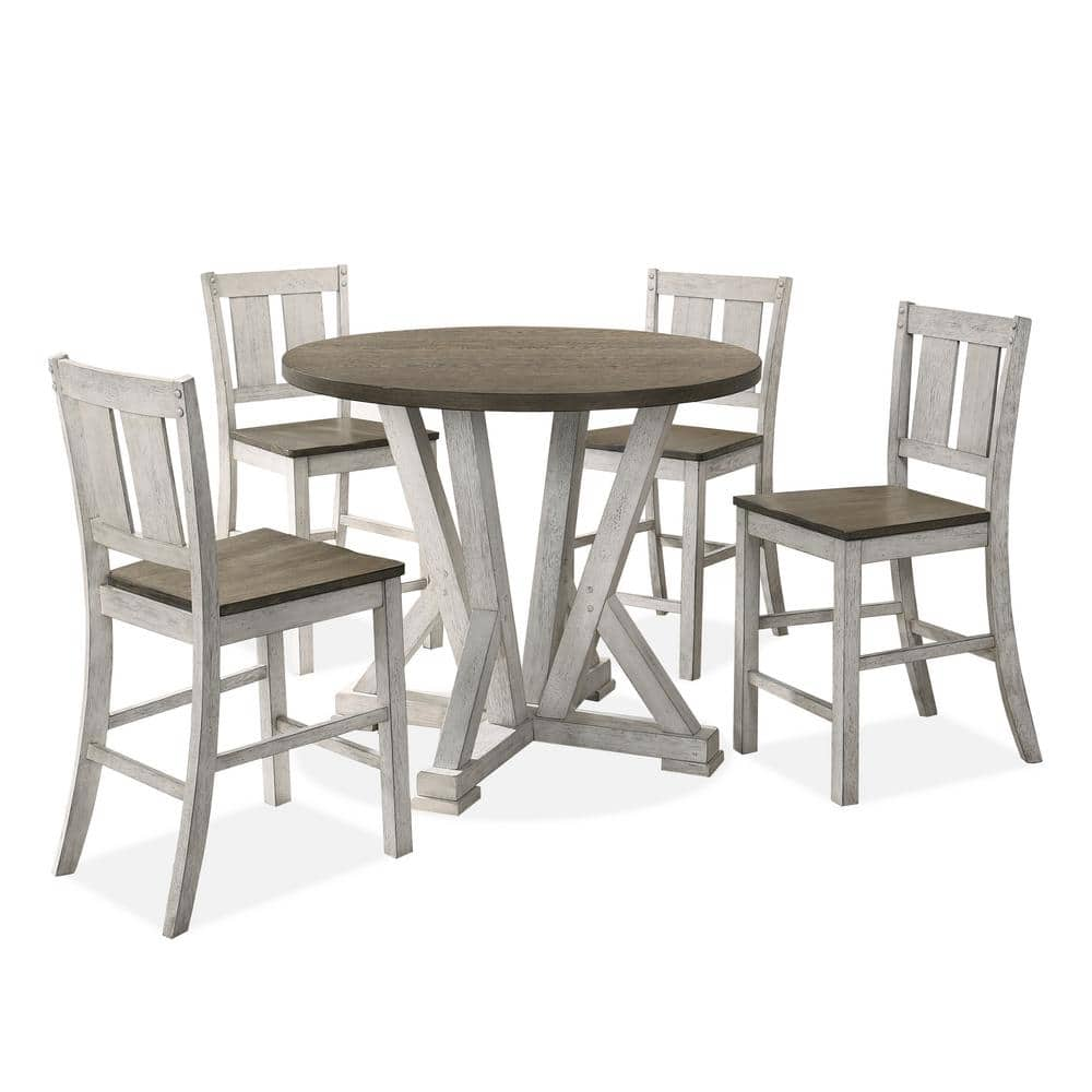 Counter Height Dining 5Pc Set Antique White Rustic Style Table Two Tone Design 4X Chairs Dining Room Furniture Wood Dining Room Solid Wood Rubberwood Round Dining Table With Chair Wood Wood Antique White,Ash Brown Slat Back Seats 4 48 Inches