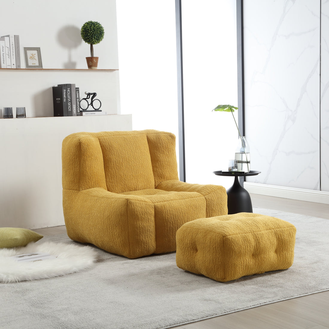 Fluffy Bean Bag Chair, Comfortable Bean Bag For Adults And Children, Super Soft Lazy Sofa Chair With Memory Foam And Ottoman, Indoor Modern Focus Bean Bag Chair For Living Room, Bedroom, Apartment Yellow Velvet