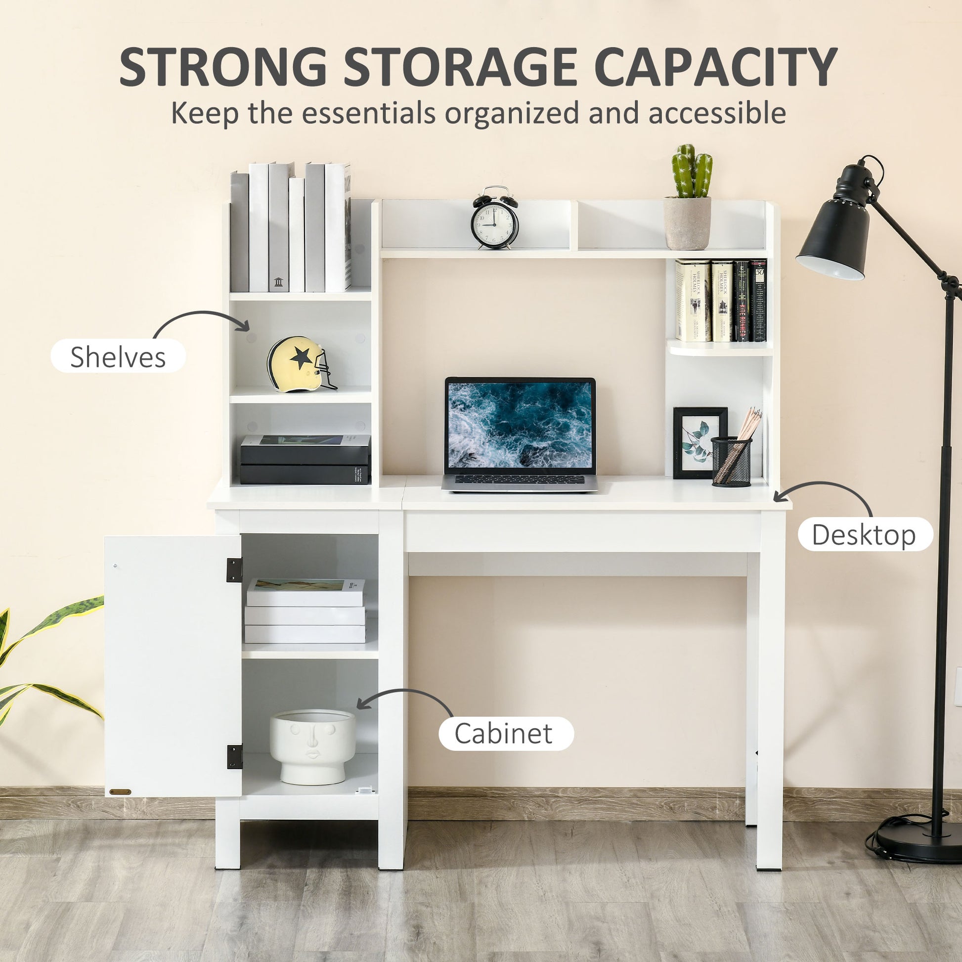 Homcom Farmhouse Computer Desk With Hutch And Cabinet, Home Office Desk With Storage, For Study, White White Particle Board