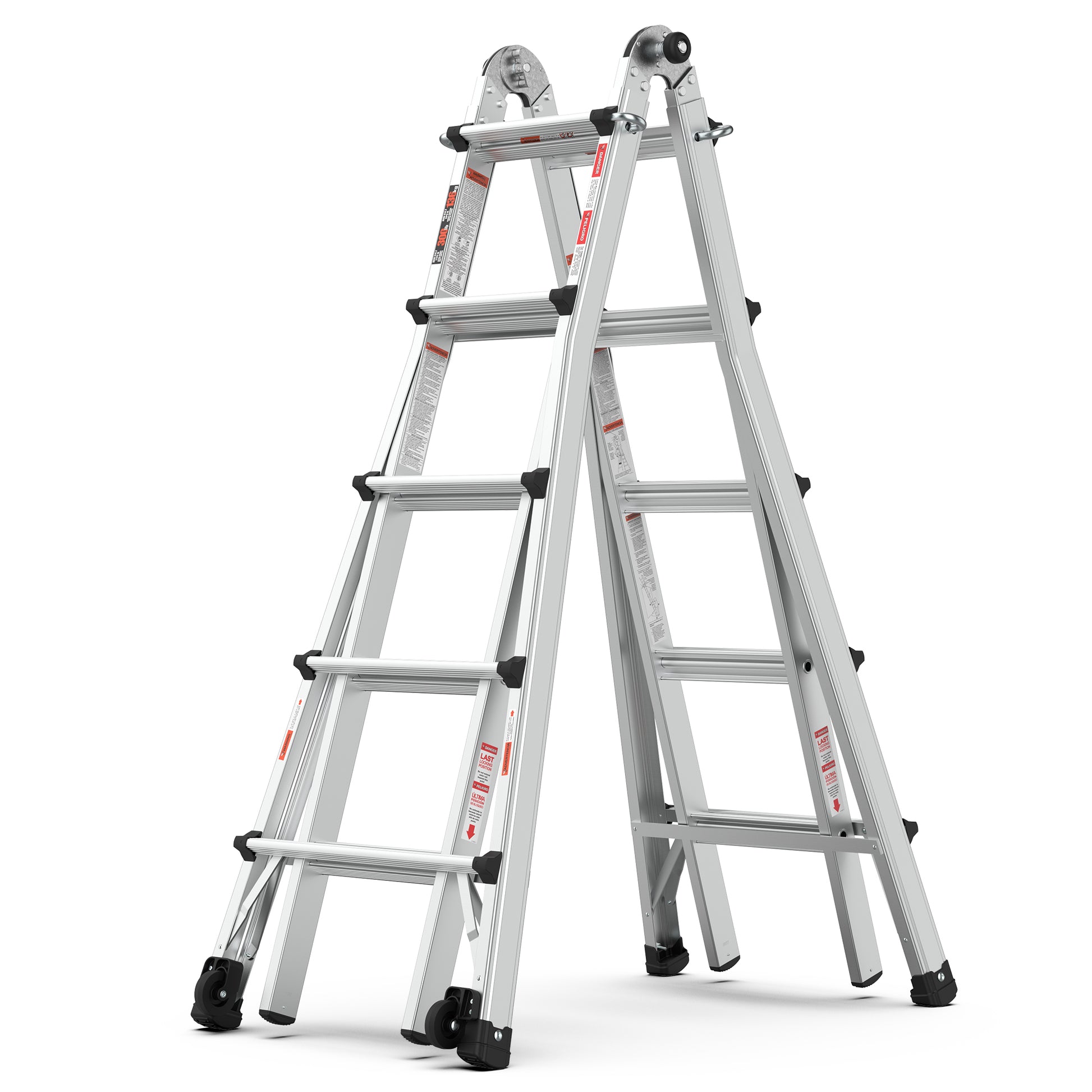 Aluminum Multi Position Ladder With Wheels, 300 Lbs Weight Rating, 22 Ft Metallic Grey Aluminium Alloy