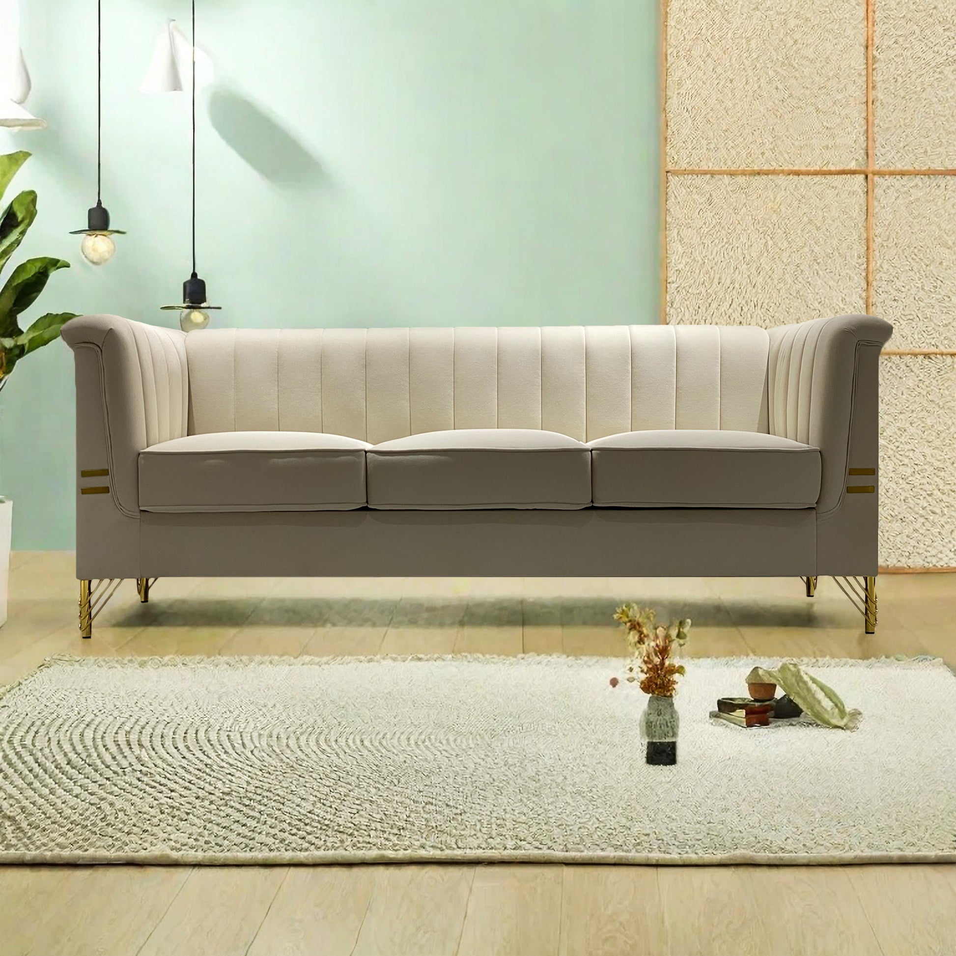 Fx P82 Be Sofa Modern Chenille Sofa, 82.67" Upholstered Couch With Bolster Armrest, 3 Seat Sofa For Living Room, Bedroom, Office, Apartment, Dorm, Beige Beige Velvet 3 Seat