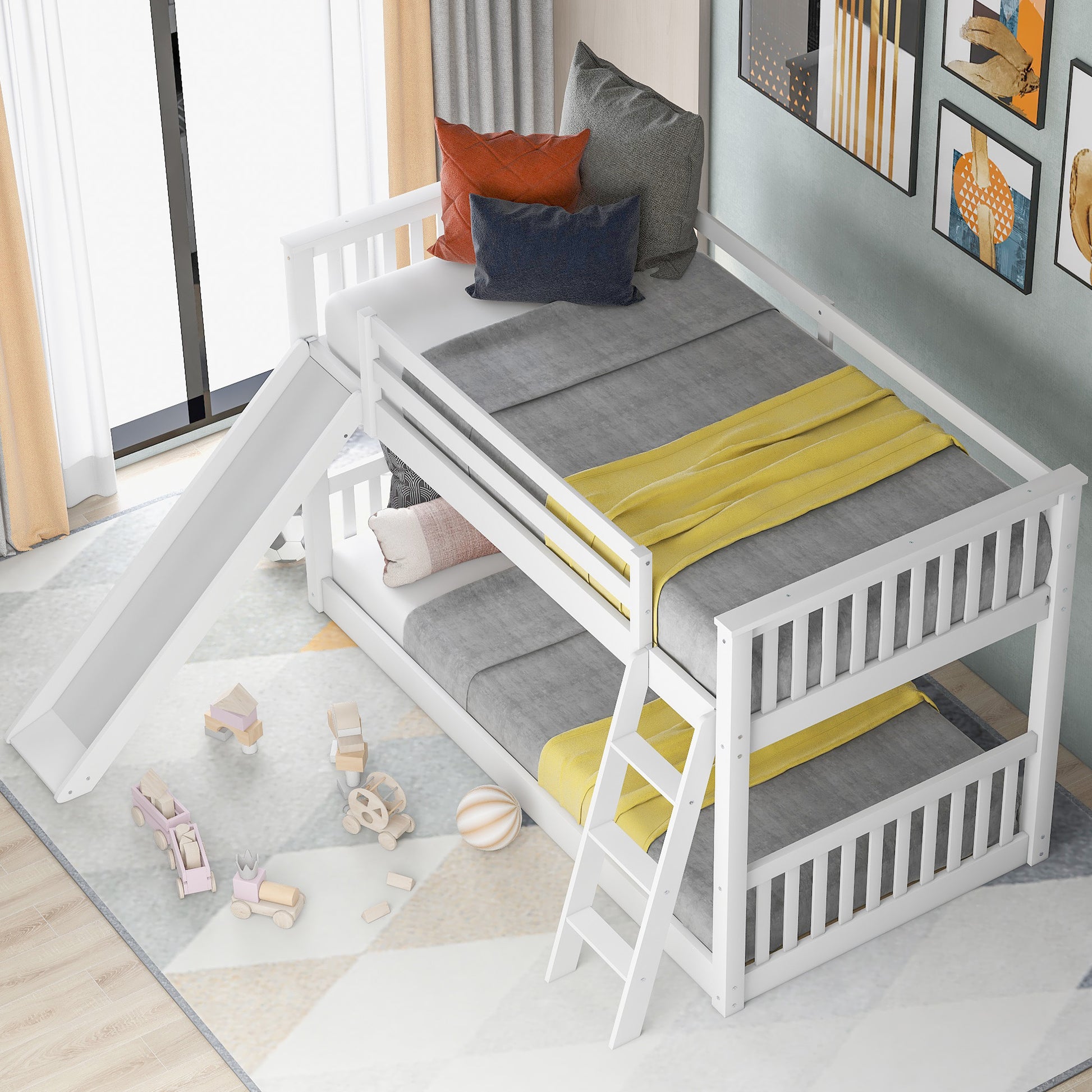 Twin Over Twin Bunk Bed With Convertible Slide And Ladder, White Old Sku: Sm000213 Box Spring Not Required Twin White Wood Bedroom Bunk Pine