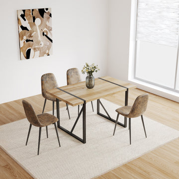 Mdf Wood Colour Dining Table Set Of 4 And Modern Dining Chairsmid Century Wooden Kitchen Table Set, Metal Base & Legs, Dining Room Table And Suede Chairs Natural Wood Mdf