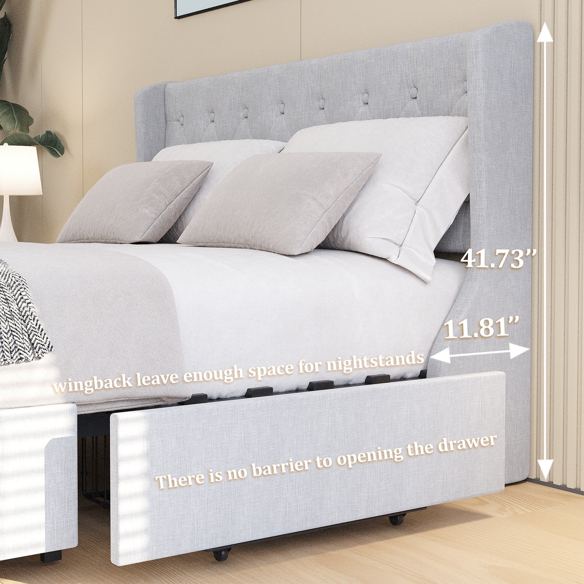 Queen Size Bed Frame With 4 Storage Drawers And Wingback Headboard, Button Tufted Design, Light Grey Queen Light Gray Linen