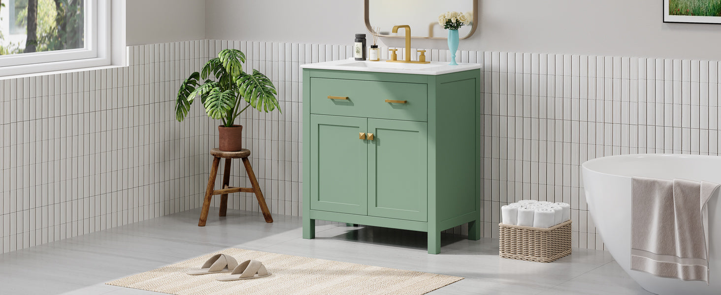 30 Inch Bathroom Vanity With Ceramic Sink, Modern Green Single Bathroom Cabinet With 2 Doors And A Shelf, Soft Close Doors Green Bathroom Solid Wood Mdf