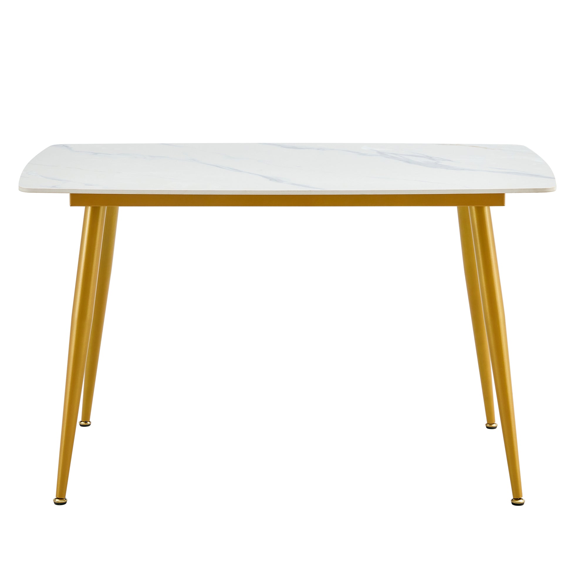 Modern Minimalist Dining Table. White Imitation Marble Patterned Stone Burning Tabletop With Golden Metal Legs. 50 "* 30" * 30 "F 001 Gold Sintered Stone