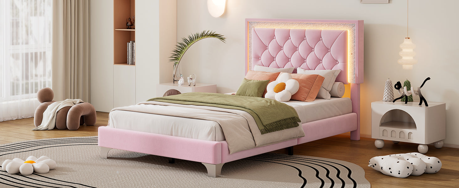 Twin Size Upholstered Bed Frame With Led Lights,Modern Velvet Platform Bed With Tufted Headboard,Pink Twin Pink Velvet