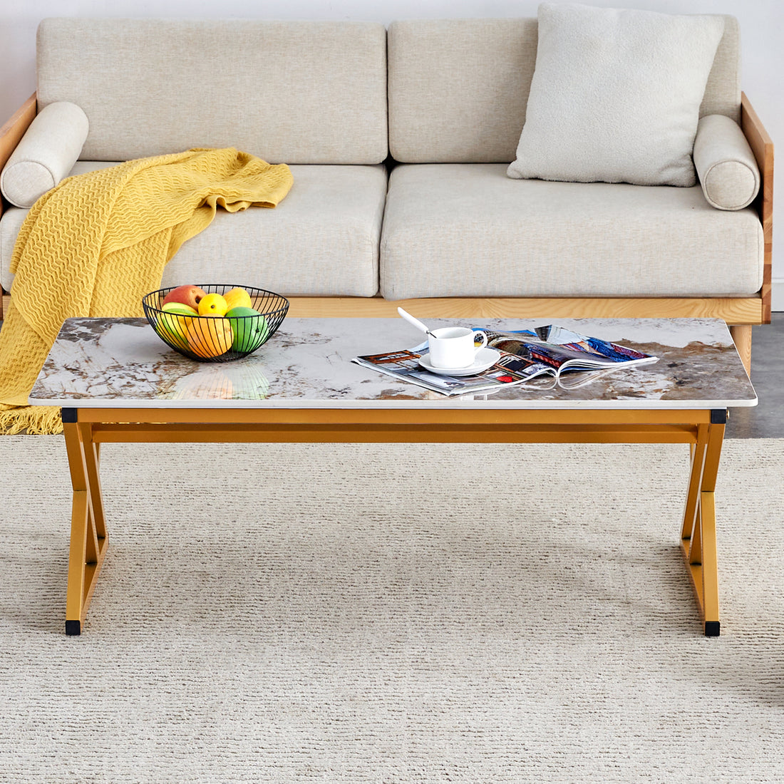 A Coffee Table Is Made Of Rock Slab Material, With A Natural And Smooth Marble Pattern On The Surface, Which Complements The Modern Design Of The Golden Metal Legs And Adds A Touch Of Fashion.47*23.6 Gold Sintered Stone