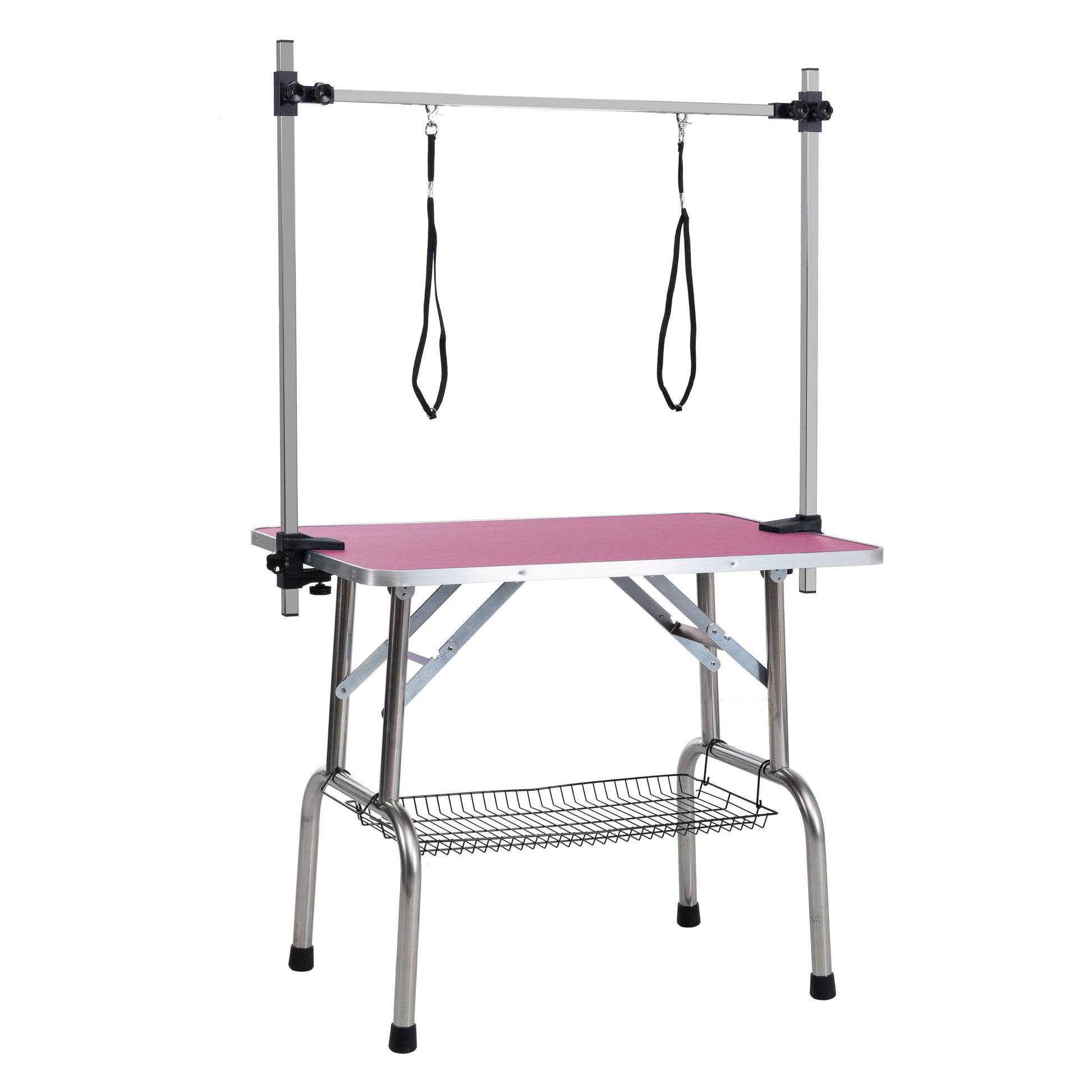 46" Folding Dog Pet Grooming Table Stainless Steel Frame Rubber Mat On Board With Adjustable Arm And Clamps Pet Dog Cat Grooming Table Pink Color Pink Rubber Stainless Steel