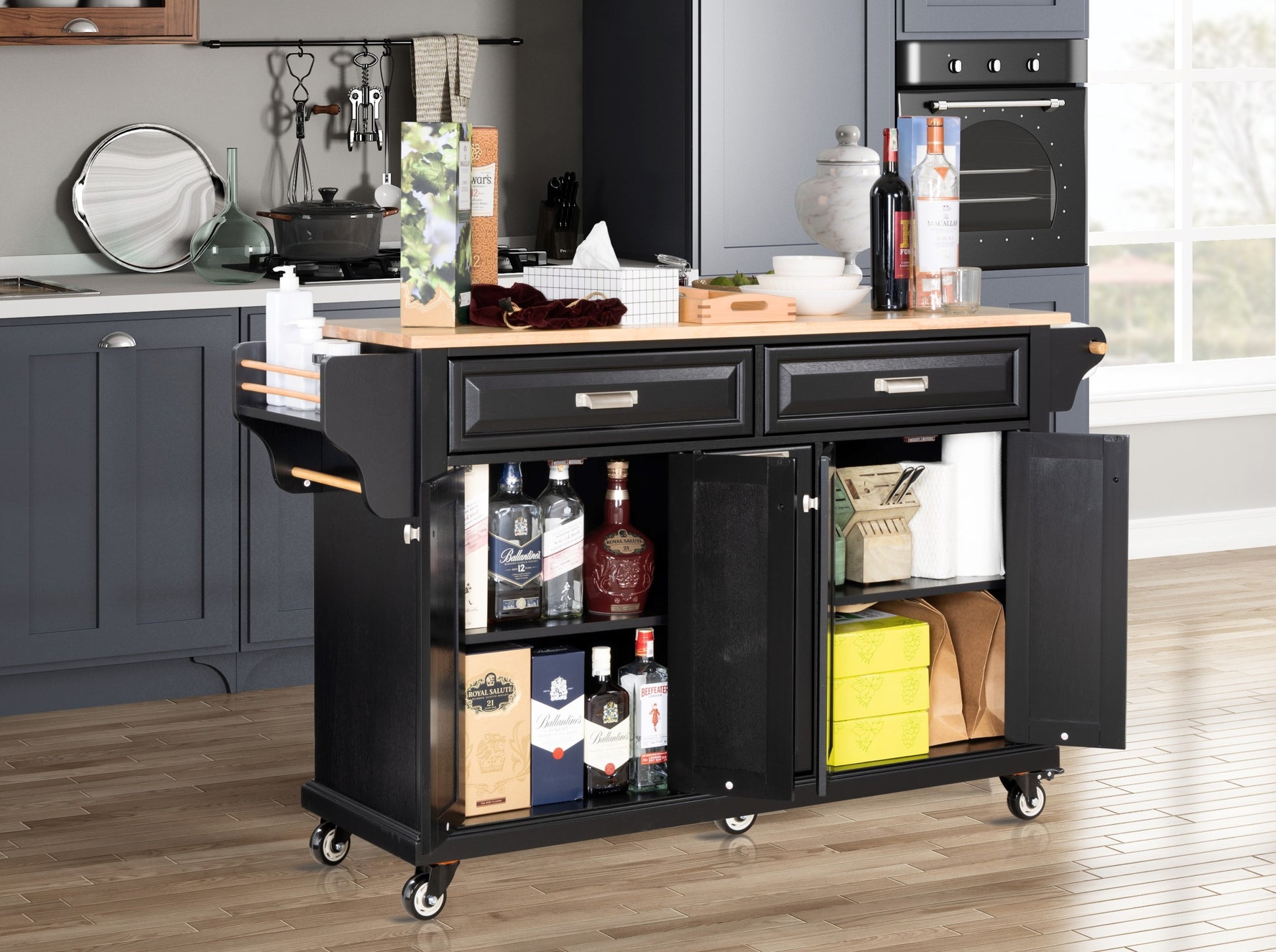 Kitchen Island With Rubber Wood Countertop, Kitchen Cart On 5 Wheels With Storage Cabinet And 2 Top Drawers And A Center Double Layered Storage Drawer For Dinning Room, Black Black Dining Room Rectangular Rubberwood Solid Wood Mdf Large 56 In