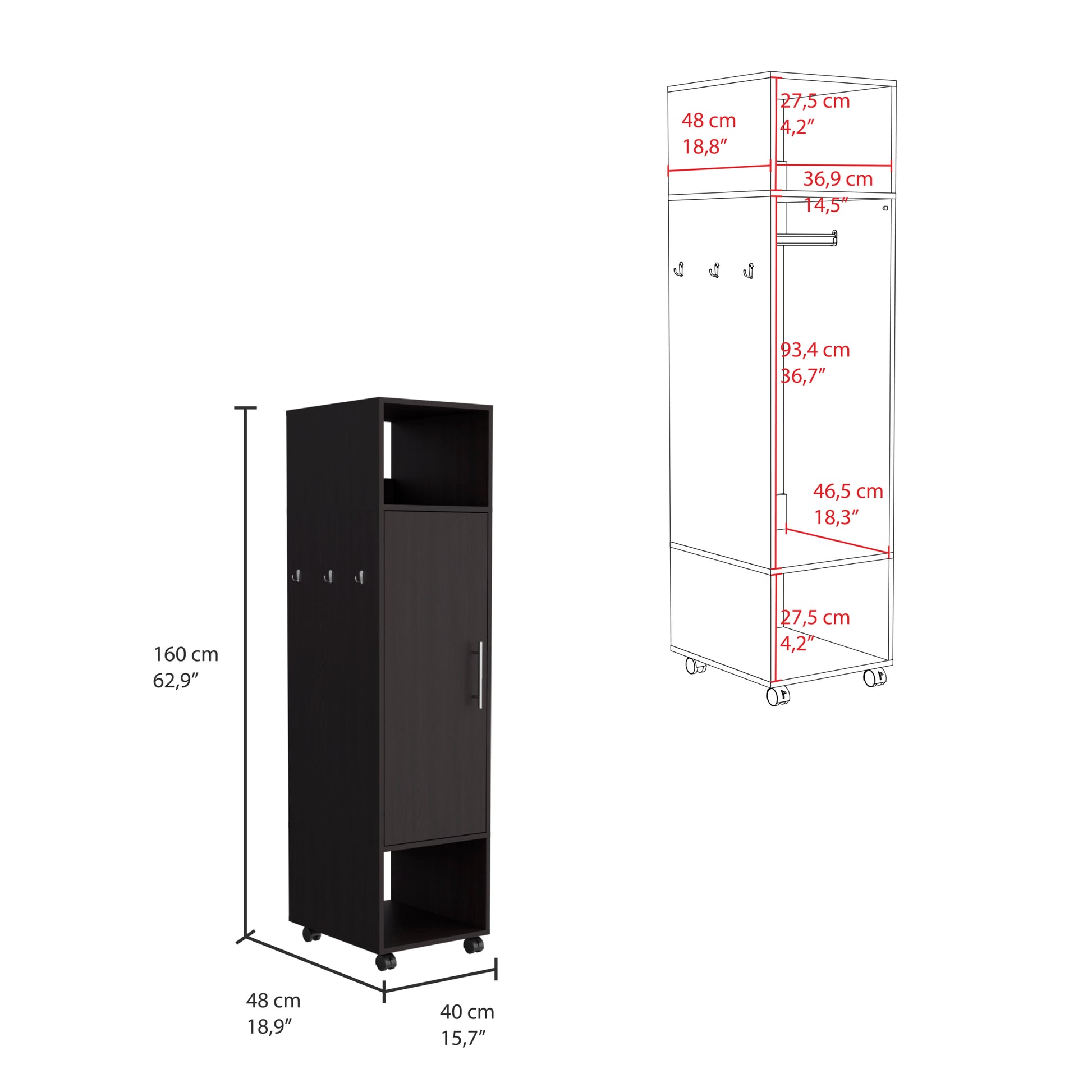 Cluster 63" Tall Wardrove One Door Cabinet With Mirror, Three Shelves, Casters And Hanging Rod, Armoire, Bedroom Clothes Storage, Cabinet Organizer Black Particle Board