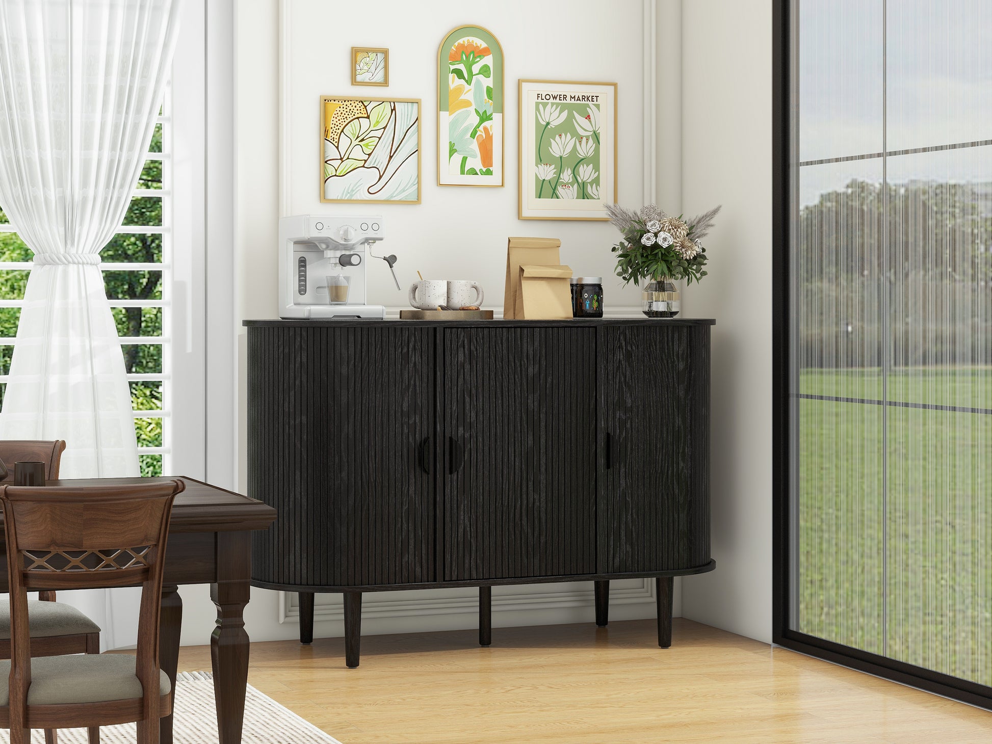 3 Door Buffet Cabinet,Large Storage Accent Cabniet With 3 Door,Sideboard Cabniet For Living Room, Entryway, Hallway, Office Kitchen And Dining Room Black Sliding Doors Modern Mdf