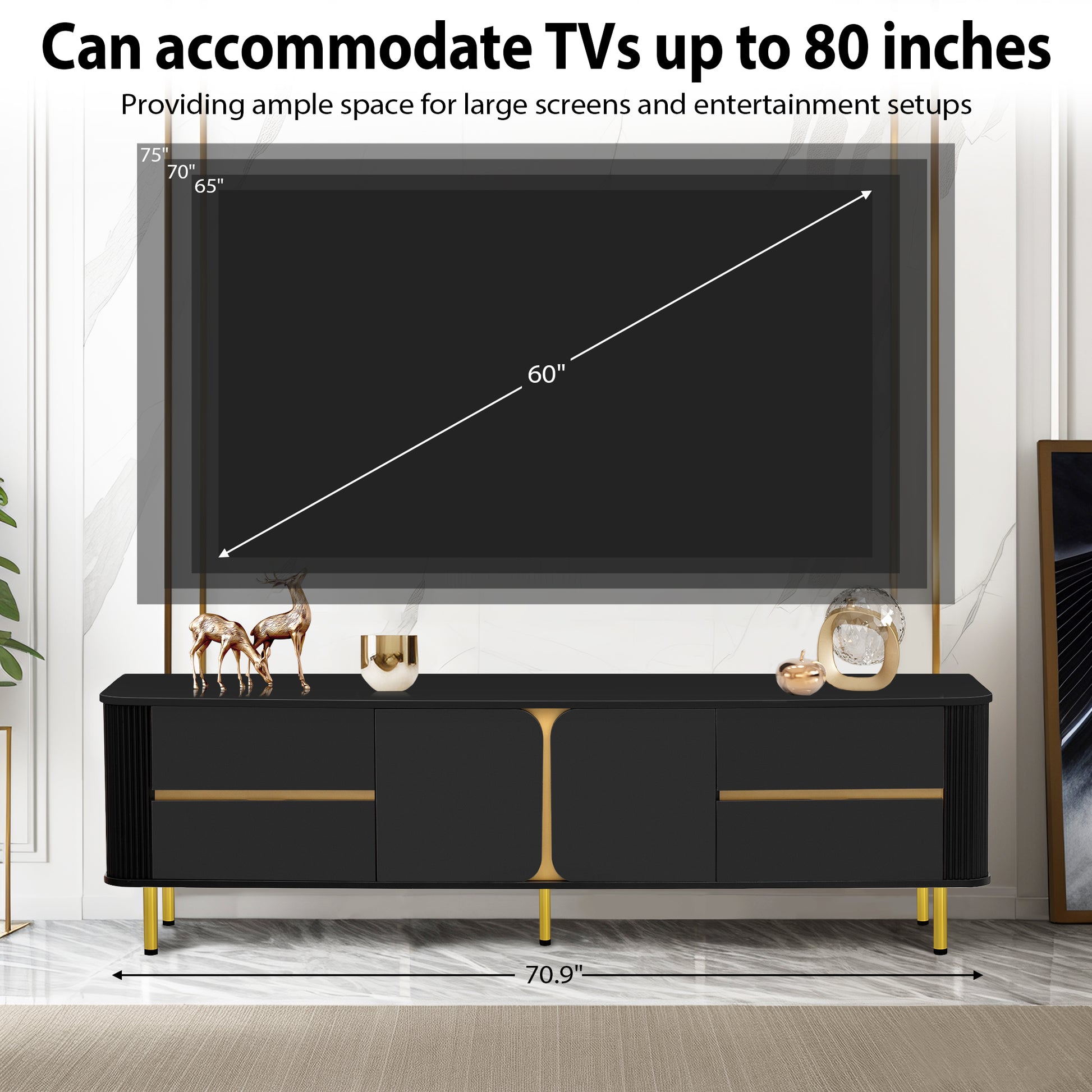 Tv Stand For Tvs Up To 80 Inches, Modern Entertainment Center Media Console With 4 Drawers And 1 Spacious Cabinet For Living Room, Black Black 70 79 Inches Mdf