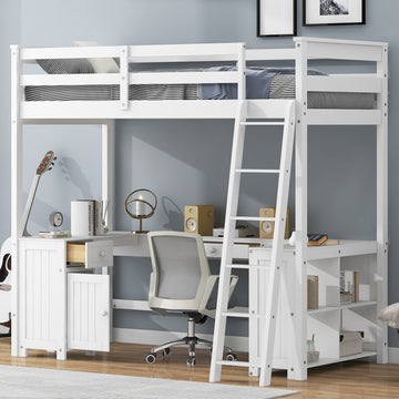 Twin Size Loft Bed With U Shaped Desk, Drawers And Storage Shelves, White Box Spring Not Required Twin White Wood Bedroom Solid Wood Mdf