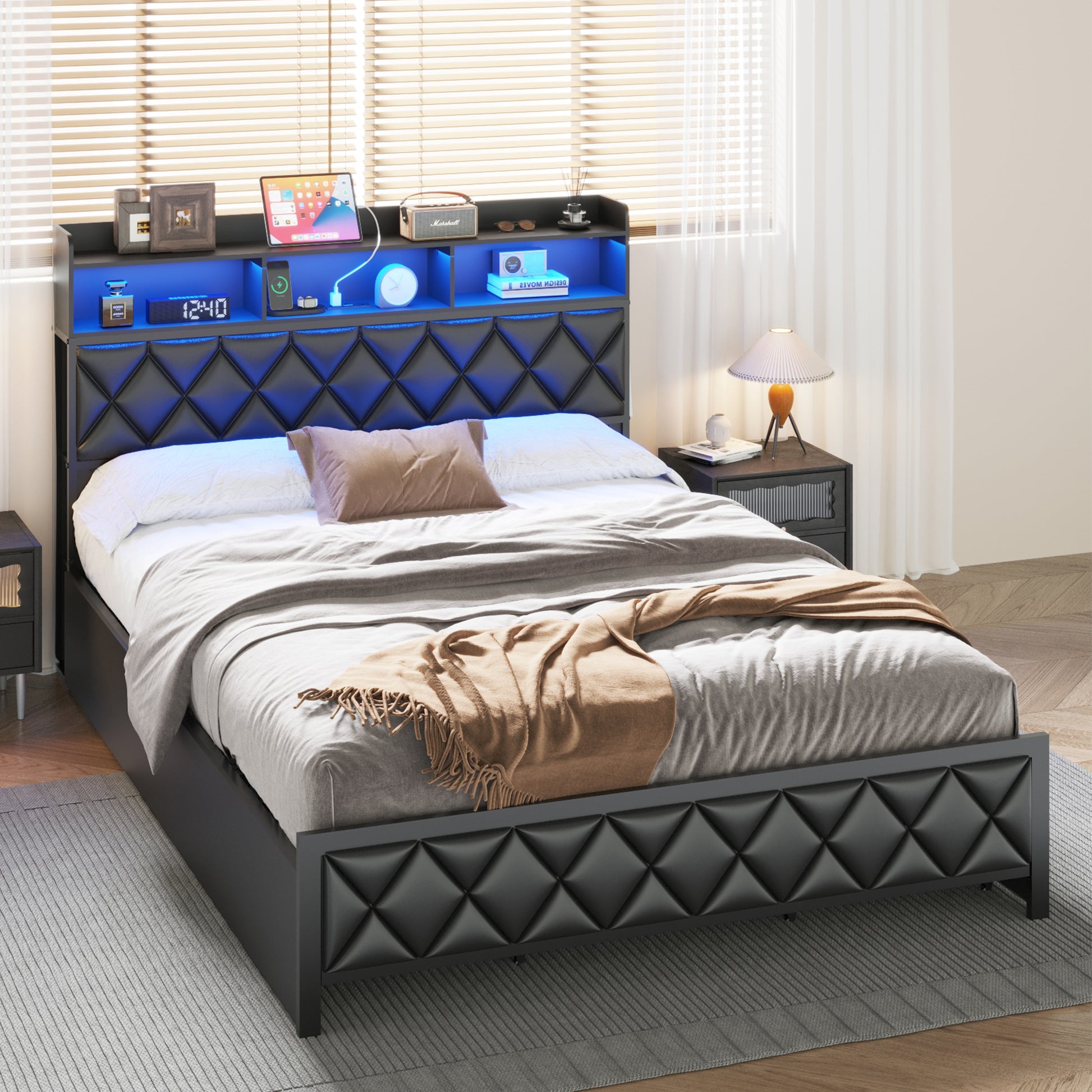 Bed Frame Queen Size With Storage Headboard And 4 Drawers, Upholstered Platform Bed With Charging Station And Led Light, Heavy Duty Frame Support, No Box Spring Needed, Noise Free, Black Box Spring