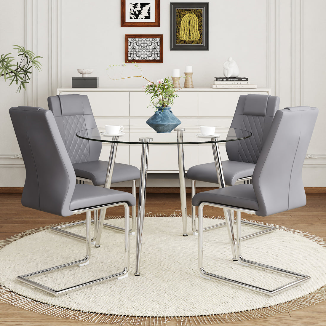 Table And Chair Set.A Modern Minimalist Round Dining Table With Transparent Tempered Glass Top And Silver Metal Legs,And 4 Chairs With Pu Backrest And Seat Cushion And Silver C Tube Metal Legs. Dark Gray,Transparent Seats 4 Glass Metal